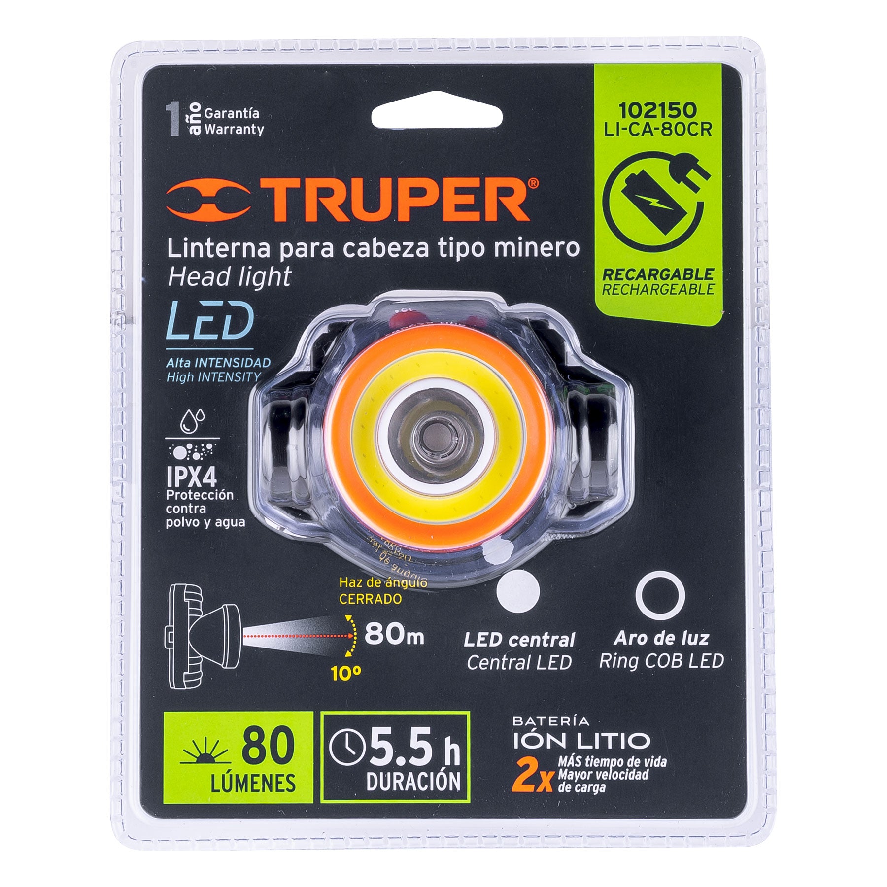 Linterna de Minero Recargable 80 Lumenes Truper