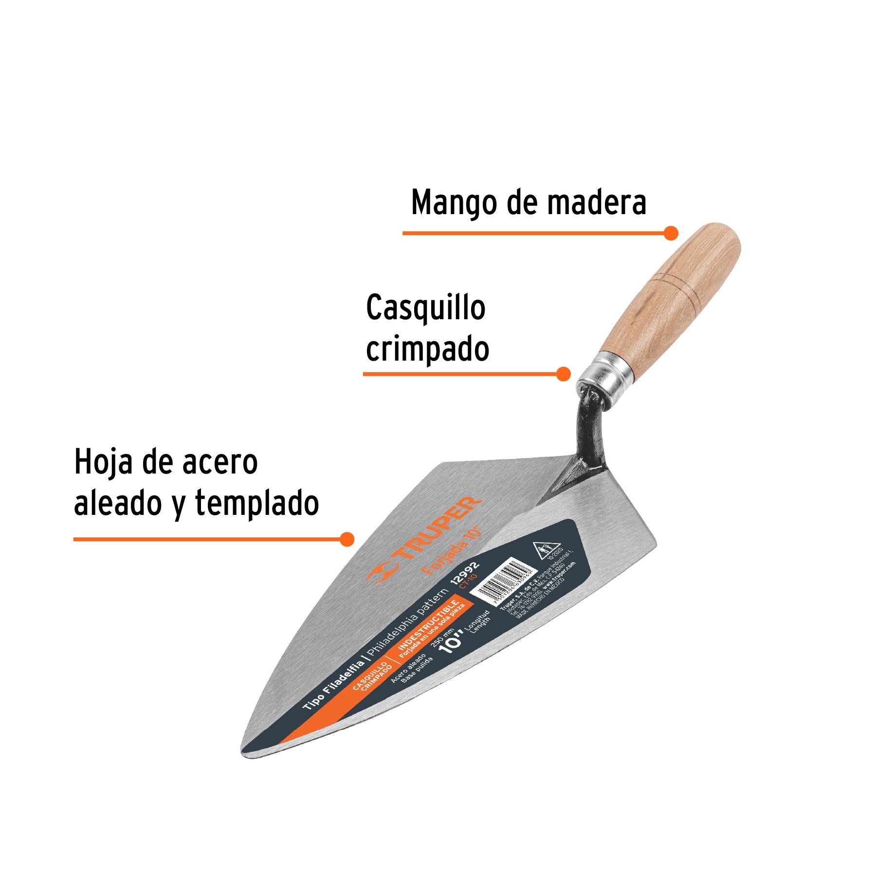 Cuchara para Albañil Tipo Filadelfia Mango Madera Truper 10"