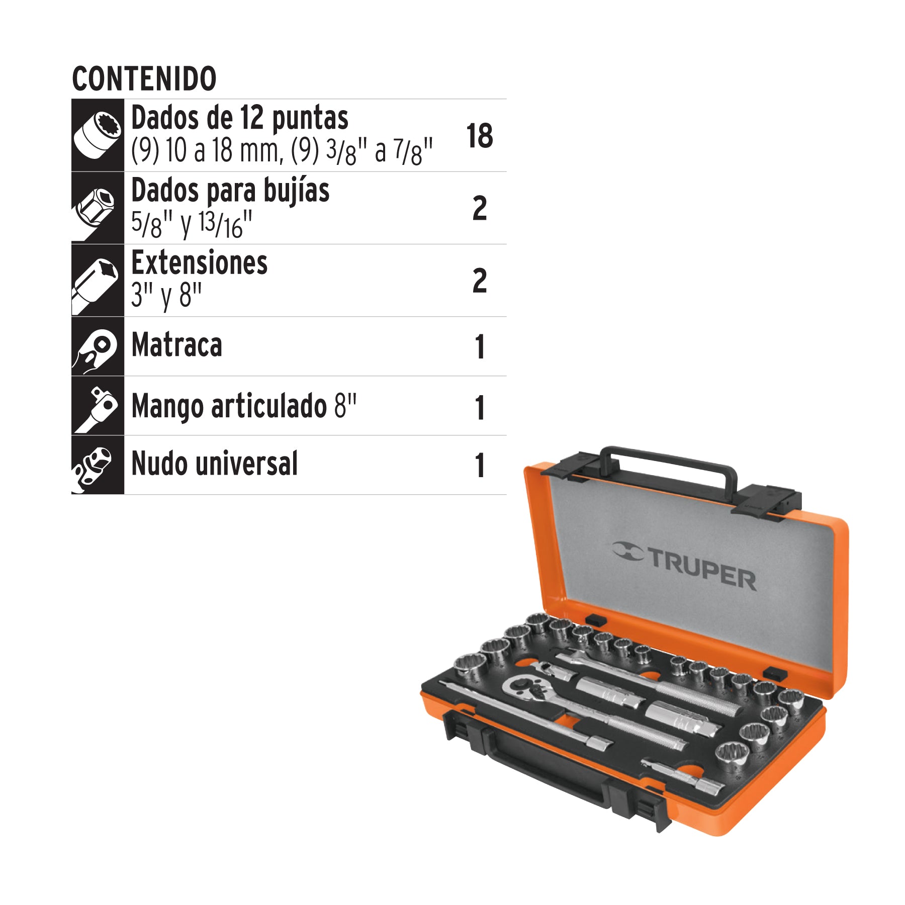 Juego de Dados y Accesorios Cuadro 3/8" Combinado 25 Piezas Truper