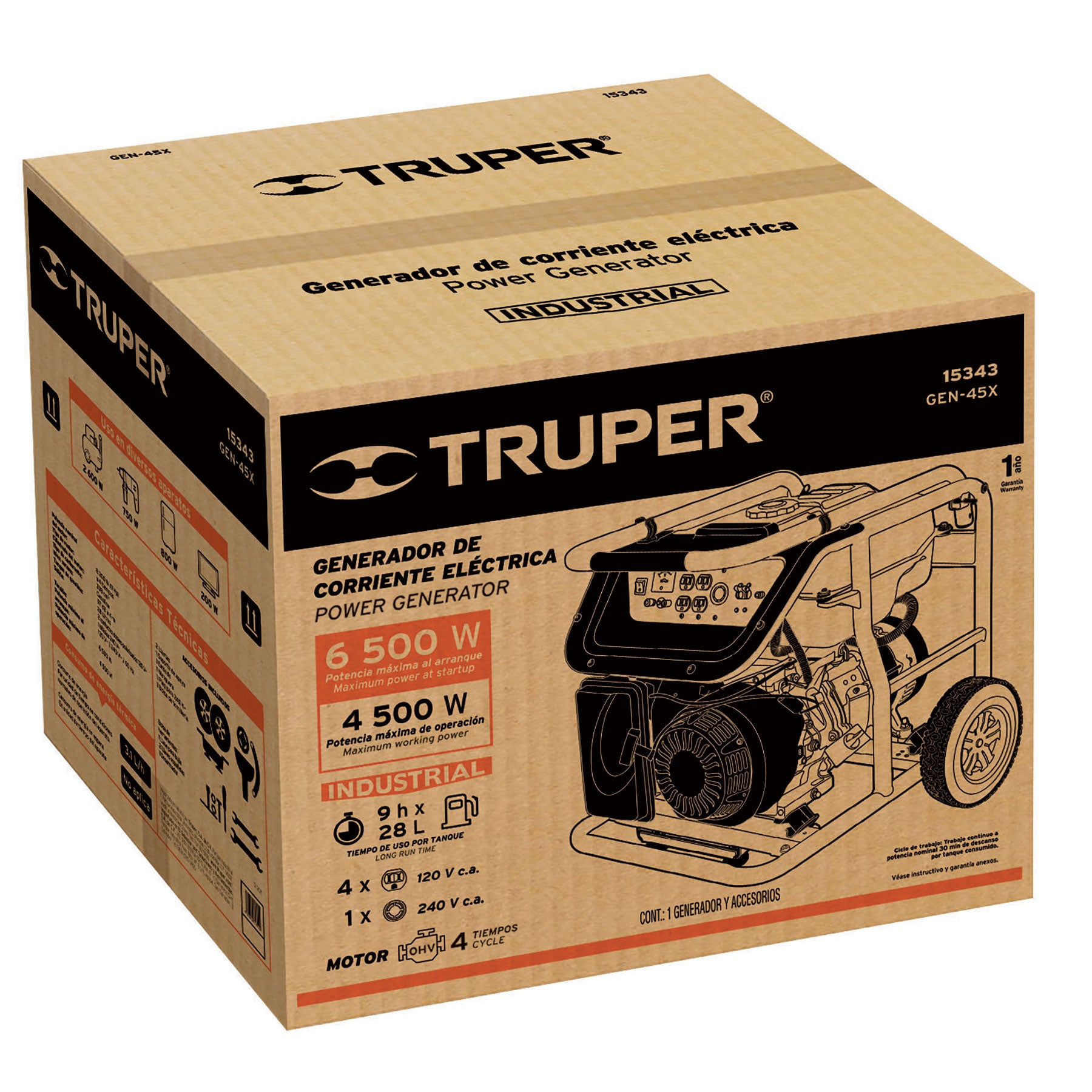 Generador Electrico a Gasolina 4,500 Watts Truper