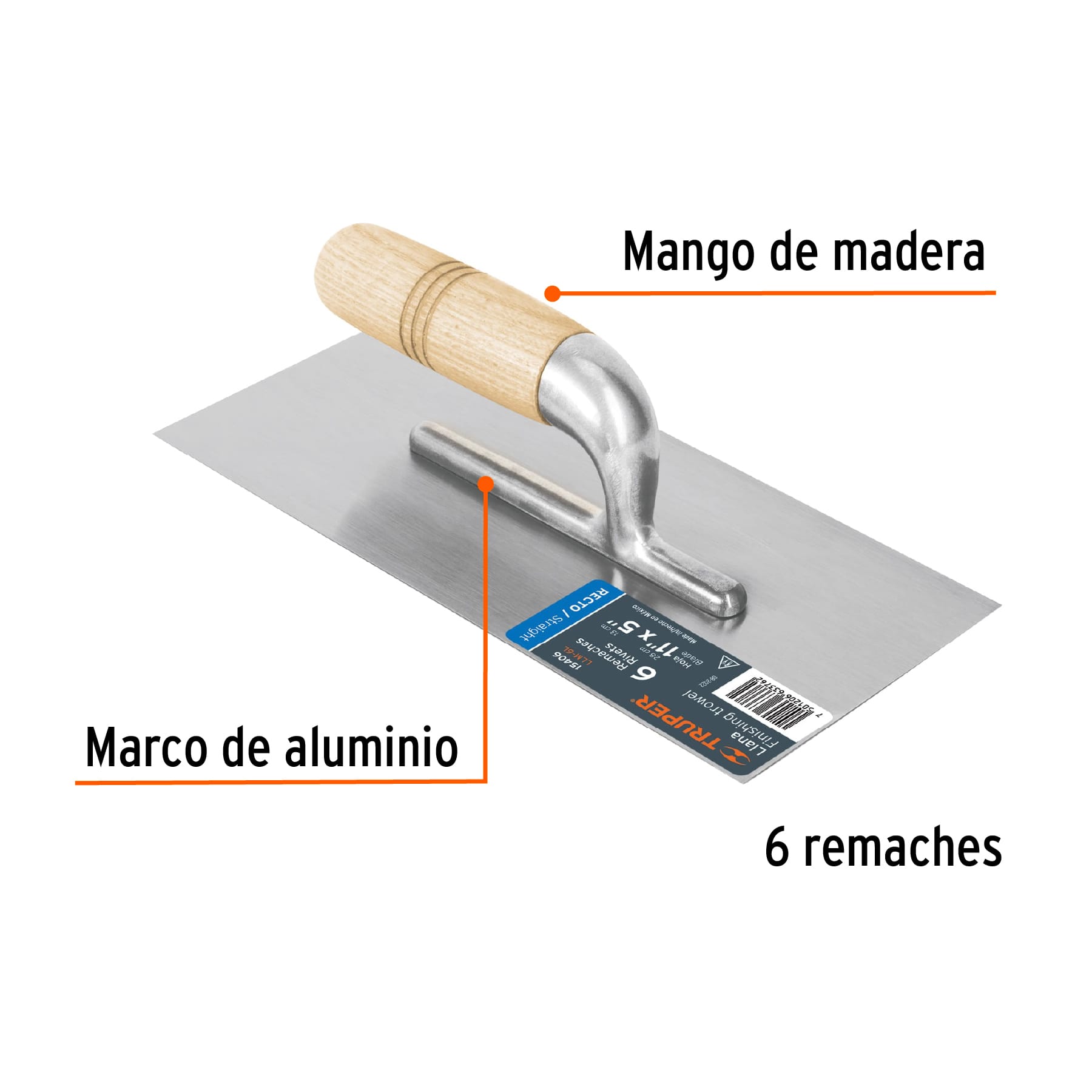 Llana 11" x 5" Mango de Madera 6 Remaches Truper Lisa