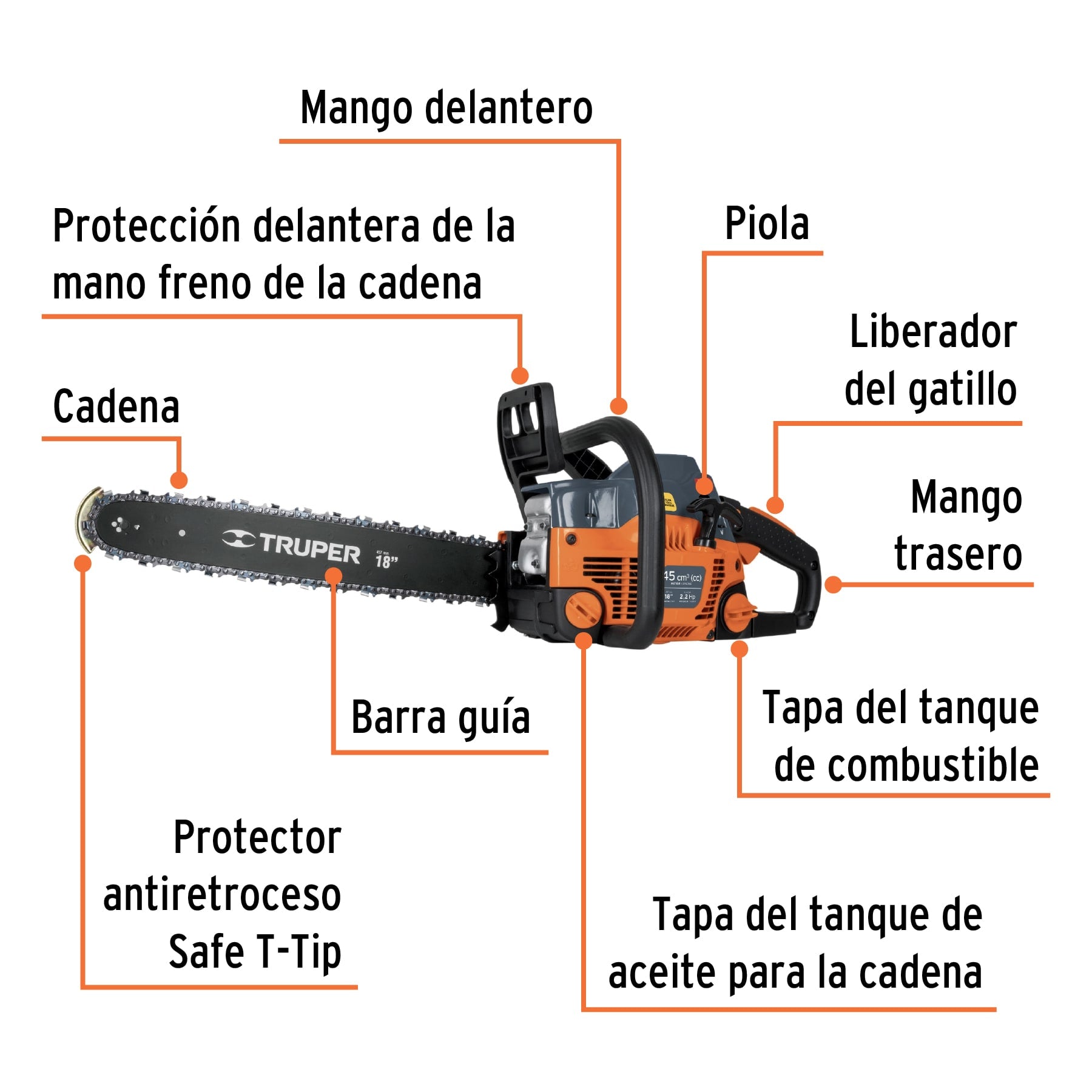 Motosierra 45 cc a Gasolina con Barra de 18" Truper