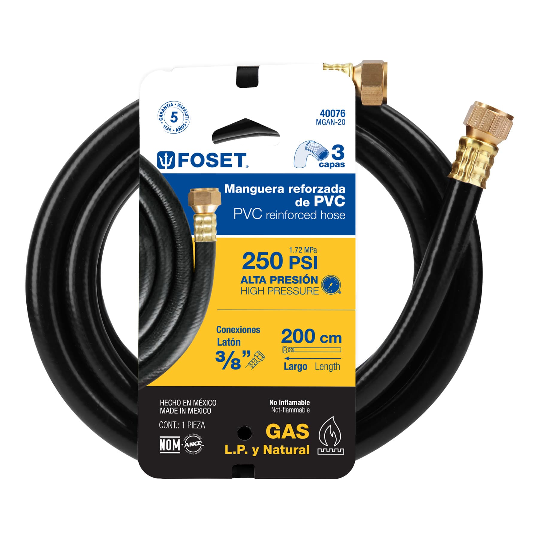 Manguera para Gas 3/8" Flexible Negra Foset 200 cms