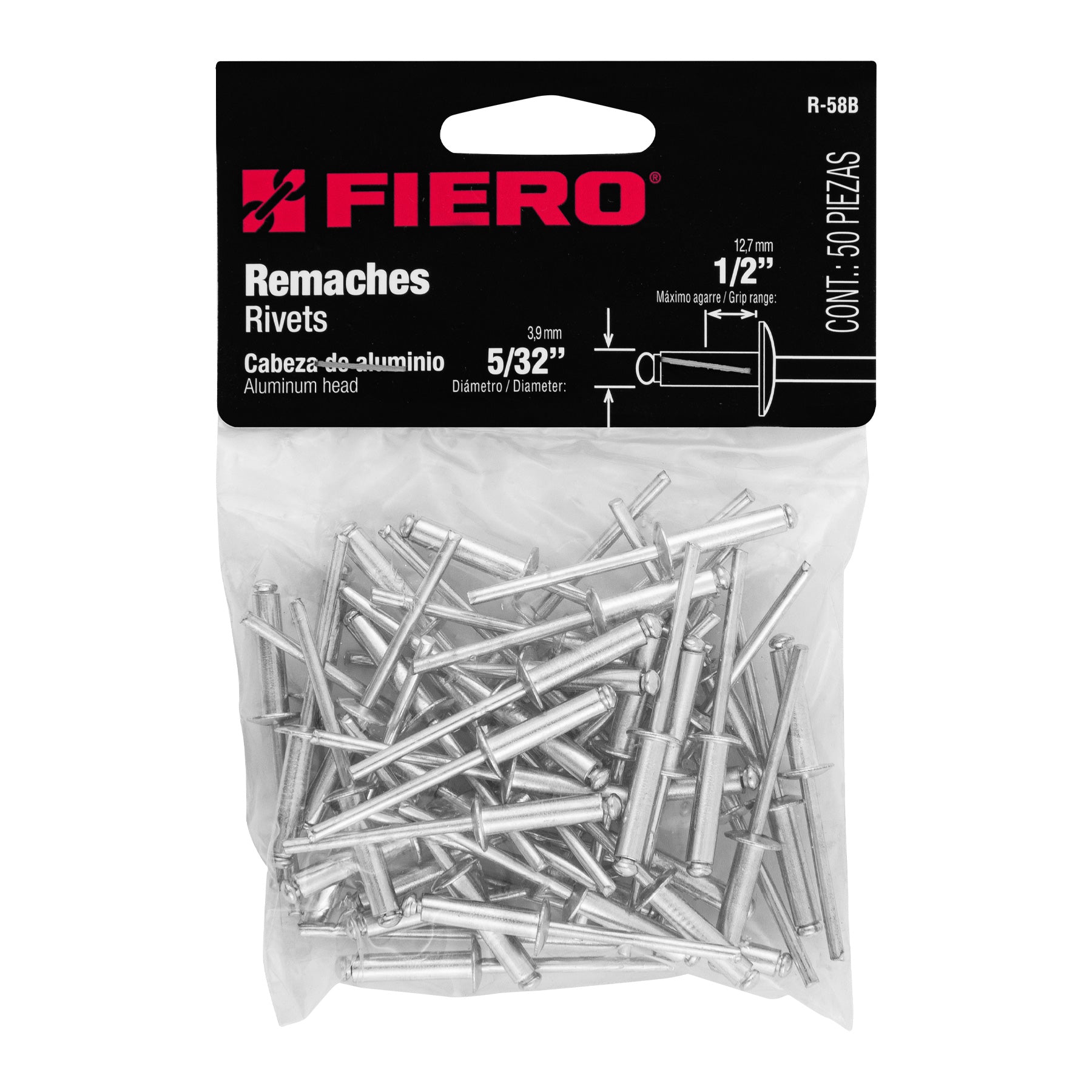 Remache 58 de 5/32" X 1/2'' Fiero Bolsa con 50 Piezas