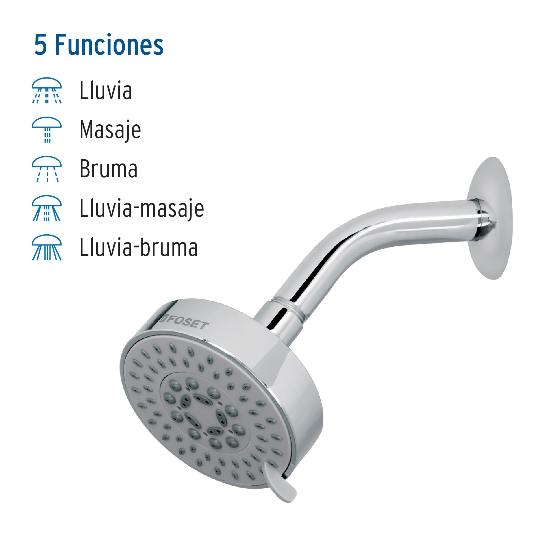 Regadera Cromo 4" con 5 Funciones con Brazo Foset Element
