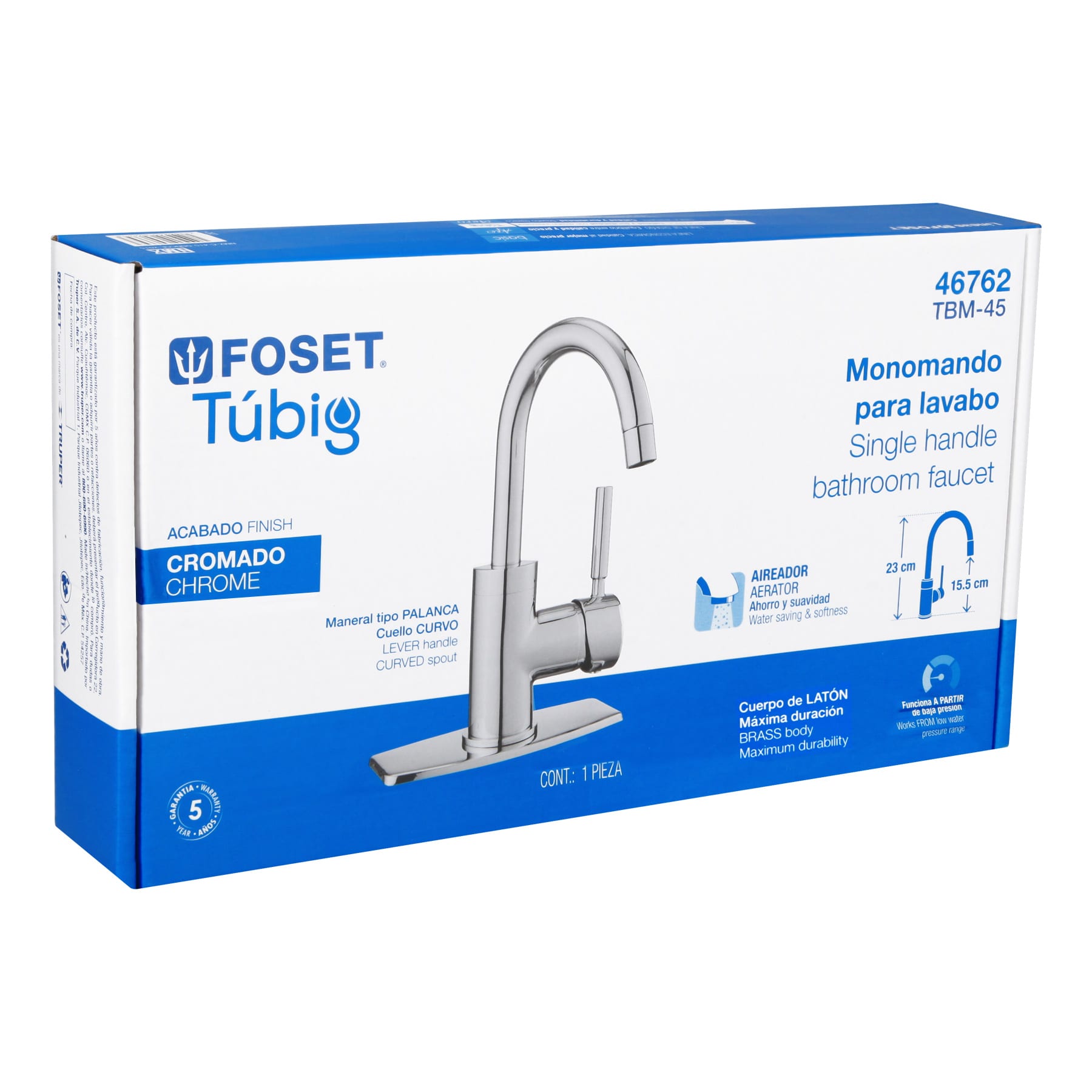 Monomando para Lavabo Corto Cuello Curvo FOSET TUBIG Acabado Cromo