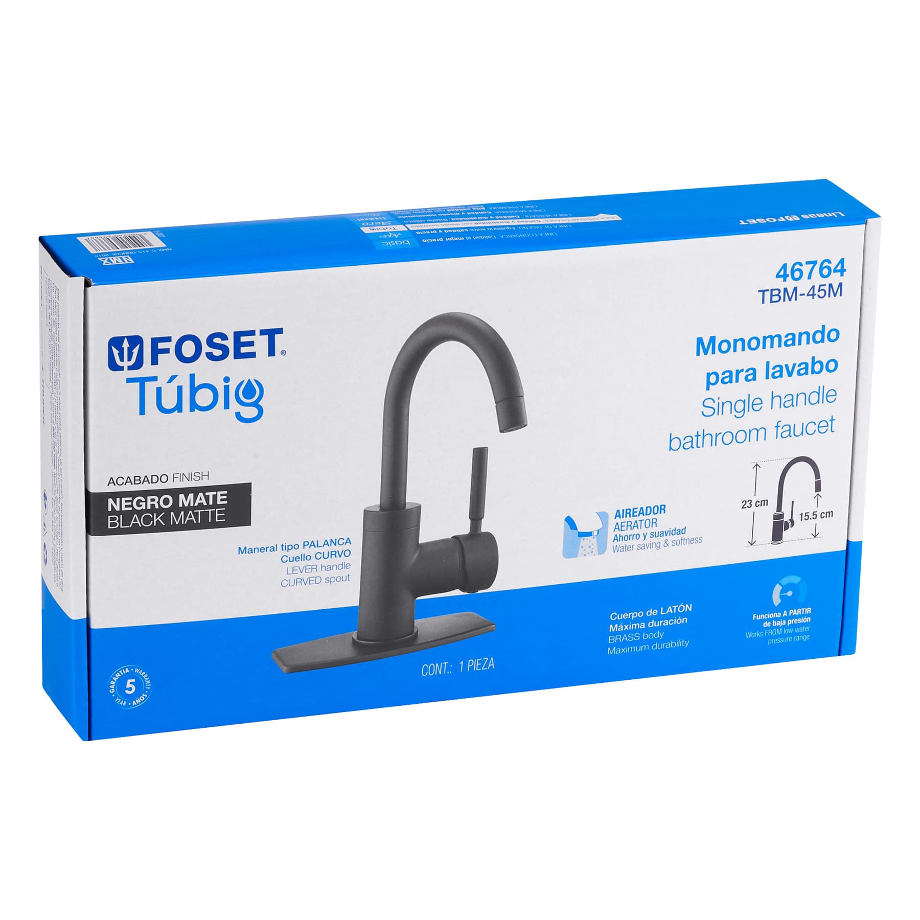 Monomando para Lavabo Corto Cuello Curvo FOSET TUBIG Acabado Negro Mate