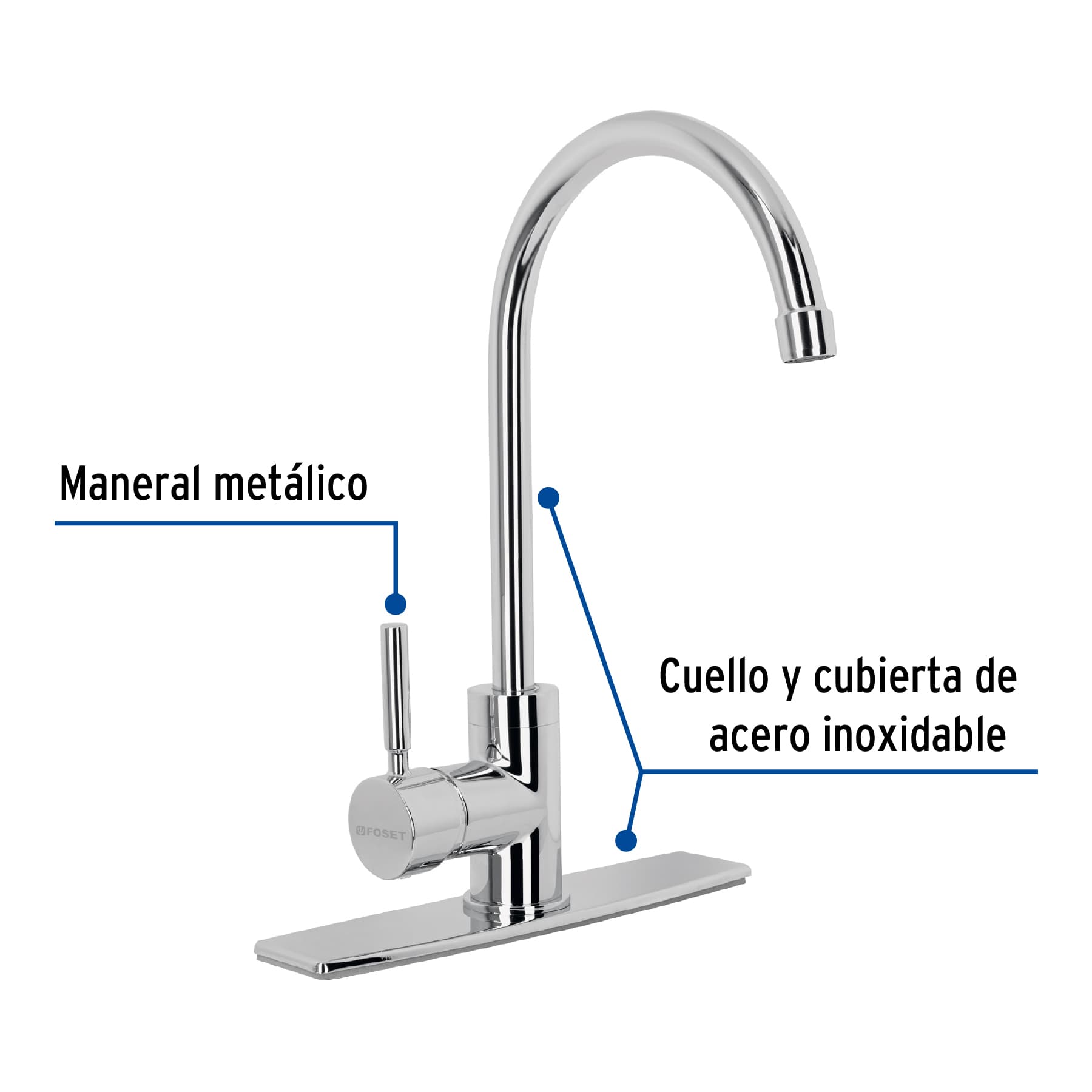Monomando para Fregadero Cuello Alto FOSET TUBIG Acabado Cromo