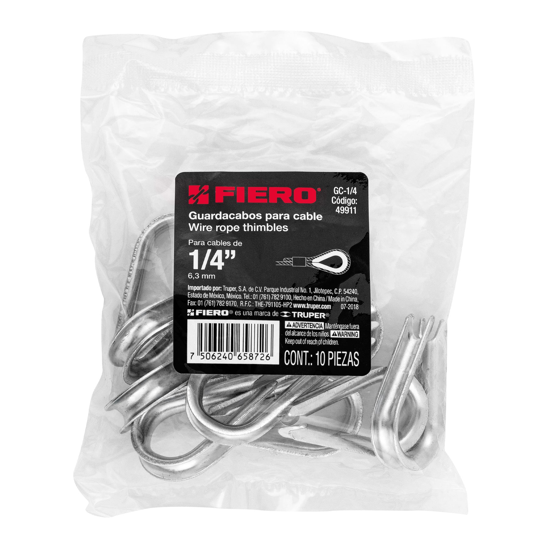 Guardacabos para Cable de Acero de 1/4" Fiero Bolsa con 10 Piezas