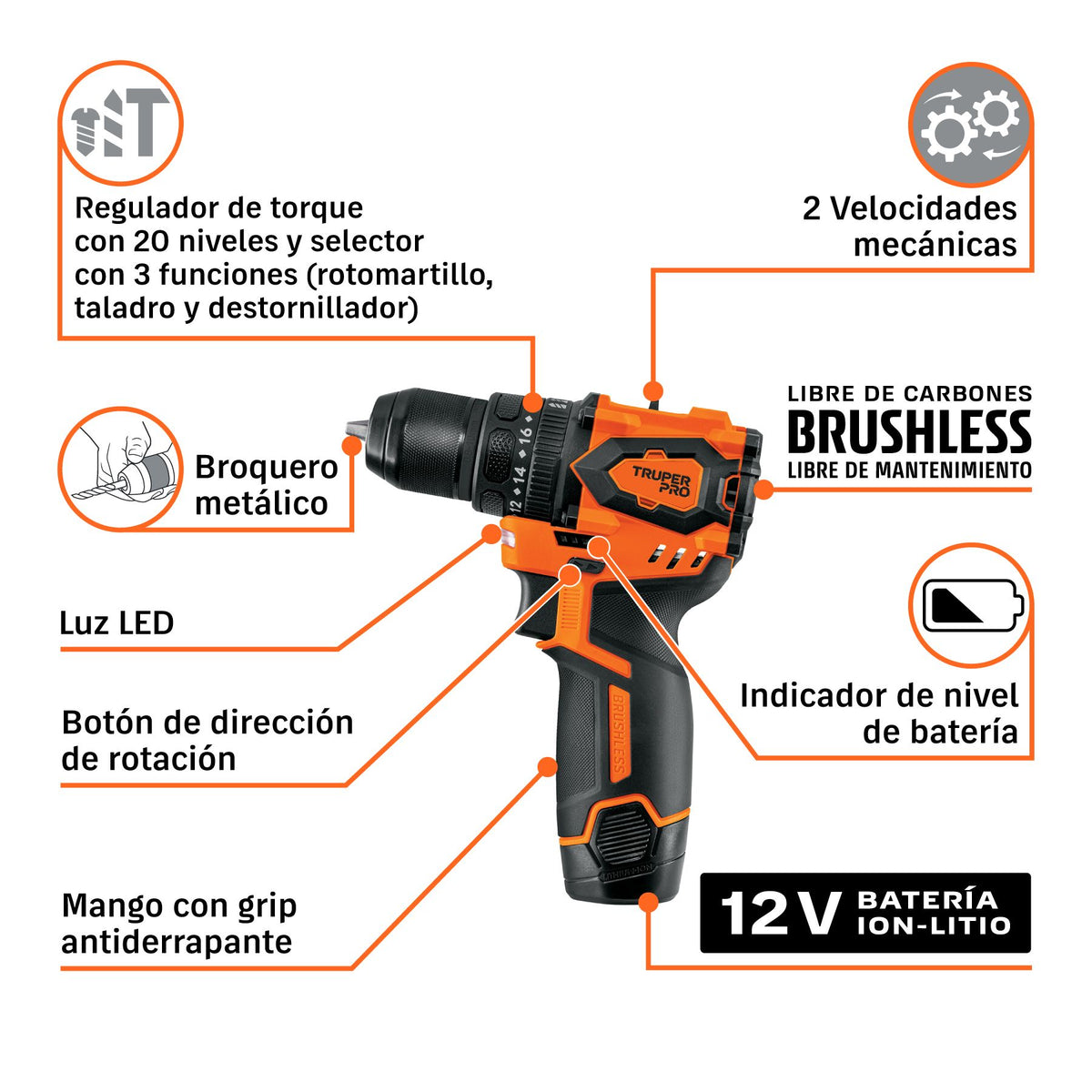 Rotomartillo Inalambrico 12 Volts 3/8" 50Nm 1 Bateria 2Ah TRUPER PRO