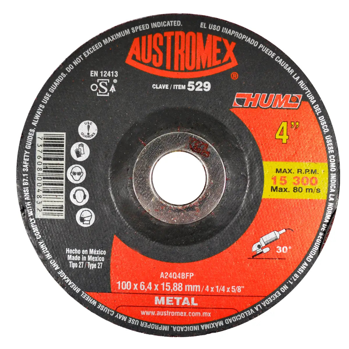 Disco Desbaste de Metal 4" Cazuela HUM 529 Austromex Centro 5/8"