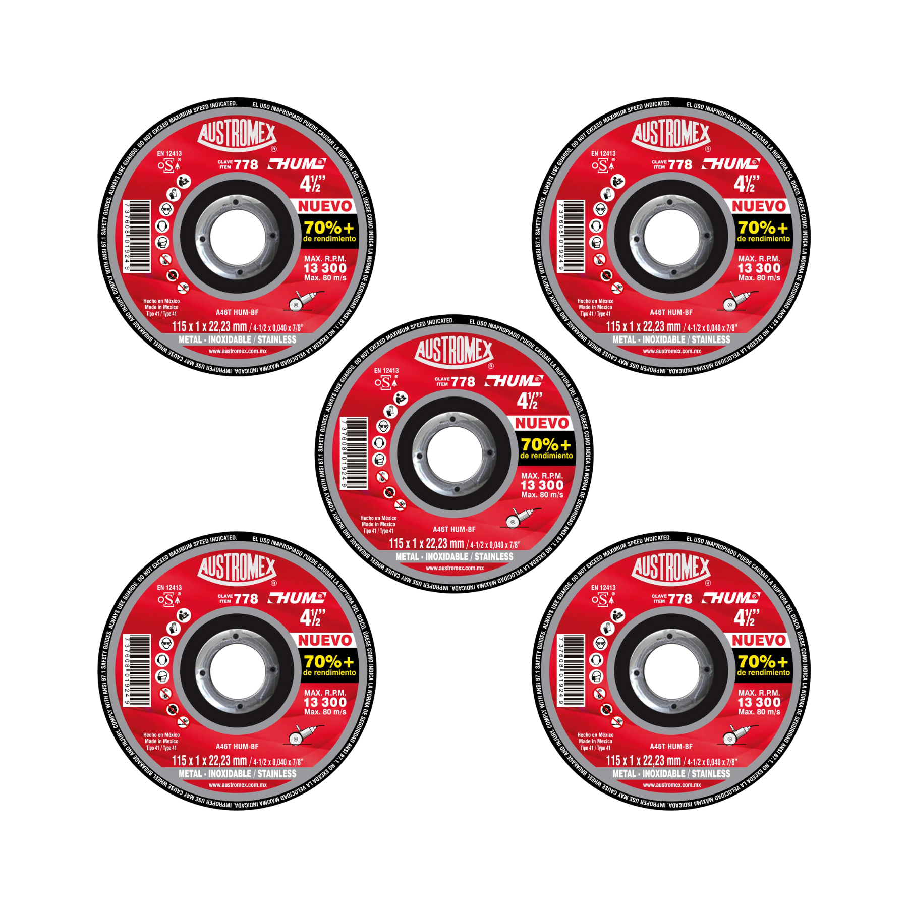 Paquete de 5 Discos Corte de Metal 4"1/2 HUM Austromex