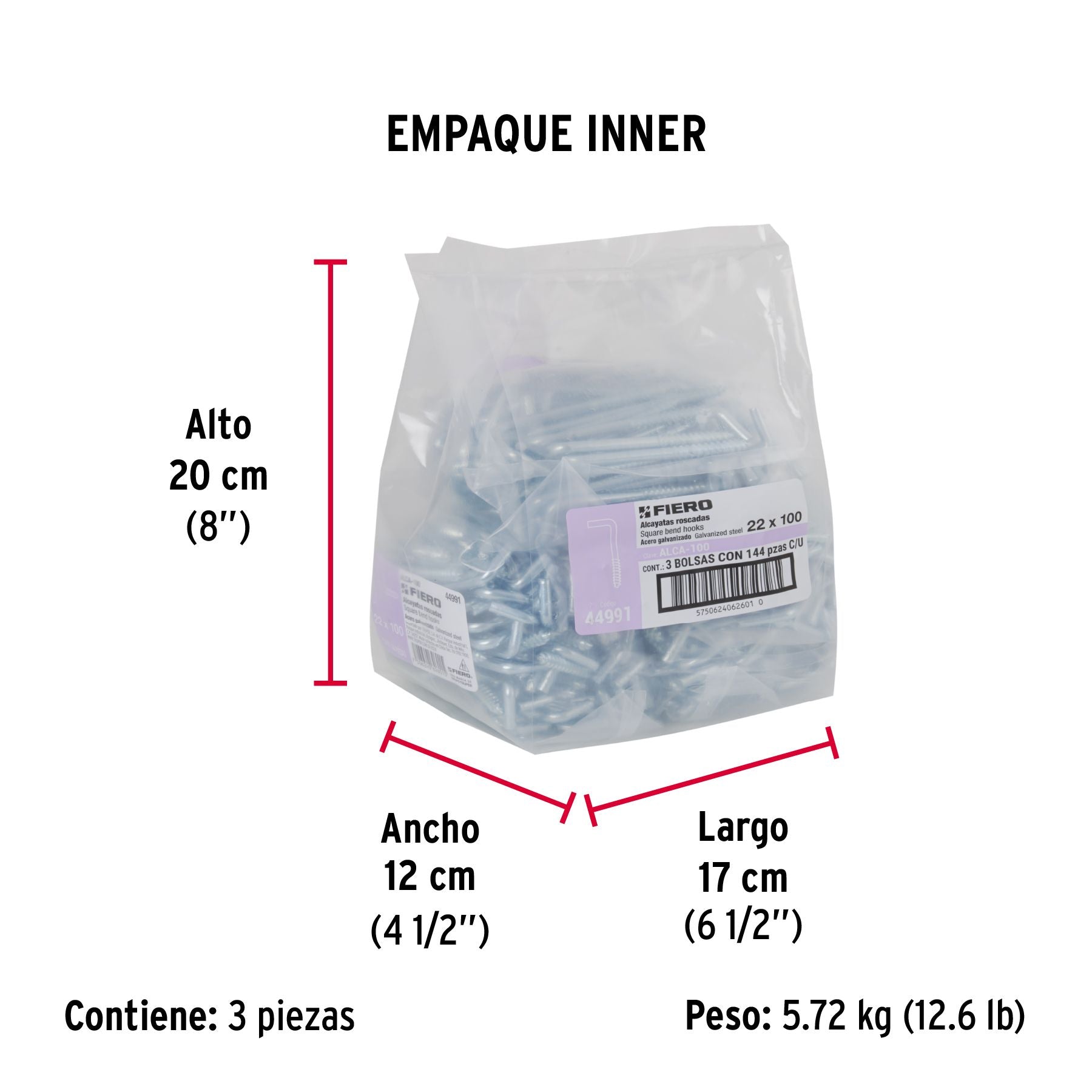 Alcayata Roscada 22 X 100 Fiero Bolsa 144 Piezas