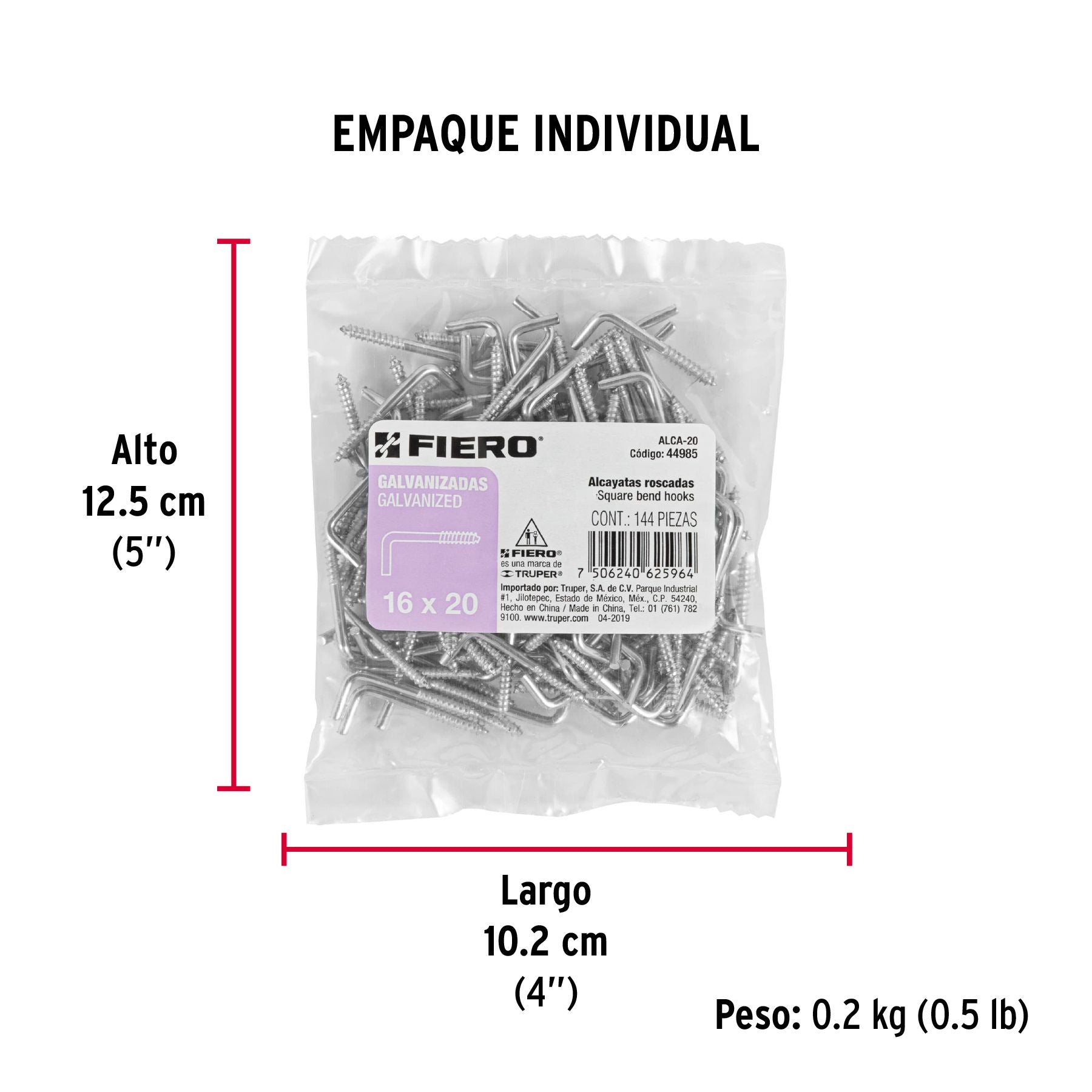 Alcayata Roscada 16 X 20 Fiero Bolsa 144 Piezas