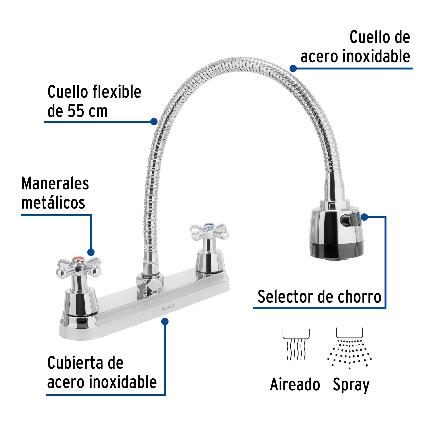 Mezcladora para Fregadero 8" Cuello Flexible Manerales Cruceta Foset Aqua