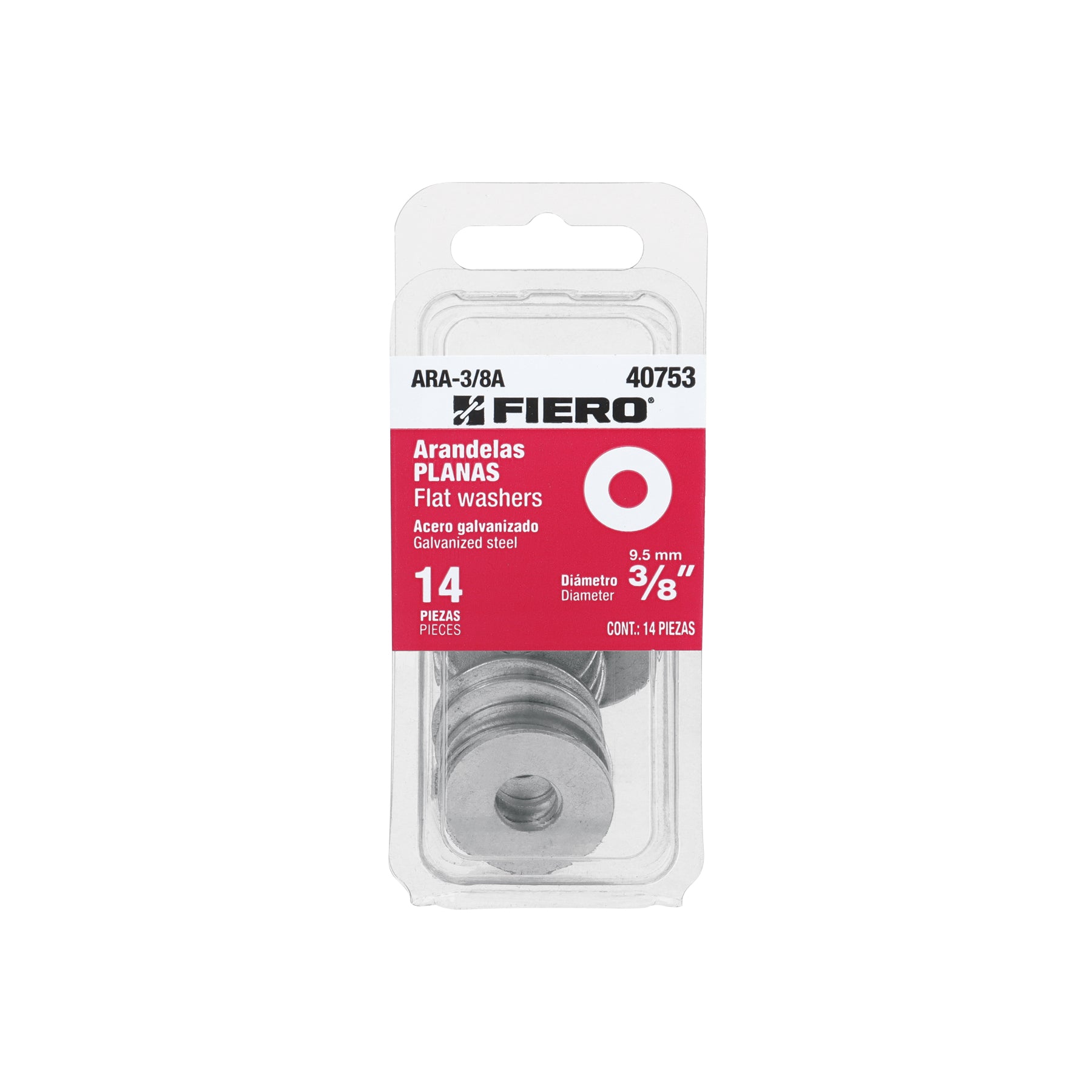 Rondana Plana 3/8" (9.5 mm) Blister 14 Piezas Fiero