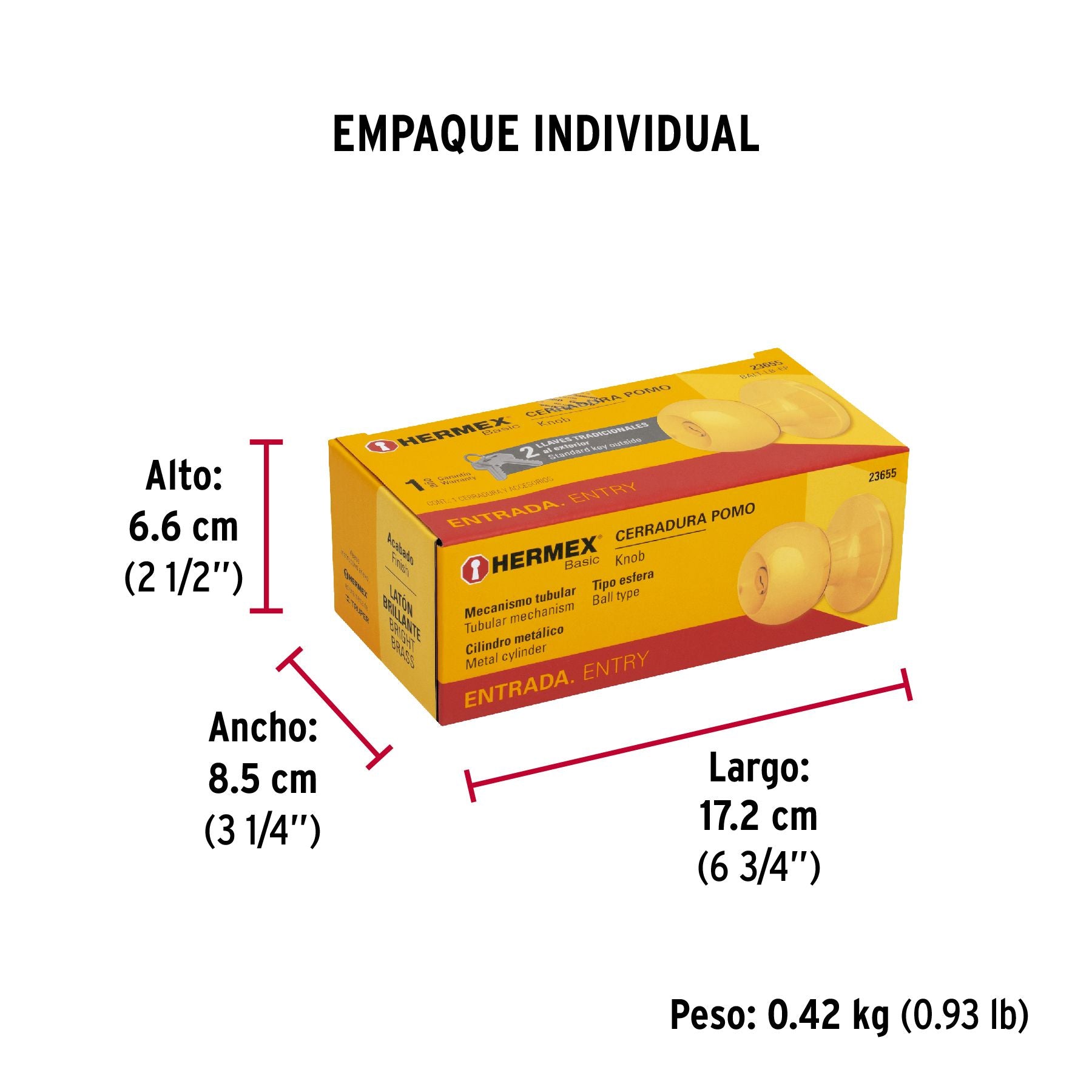 Cerradura Tipo Esfera Tubular HERMEX BASIC Laton Brillante Entrada