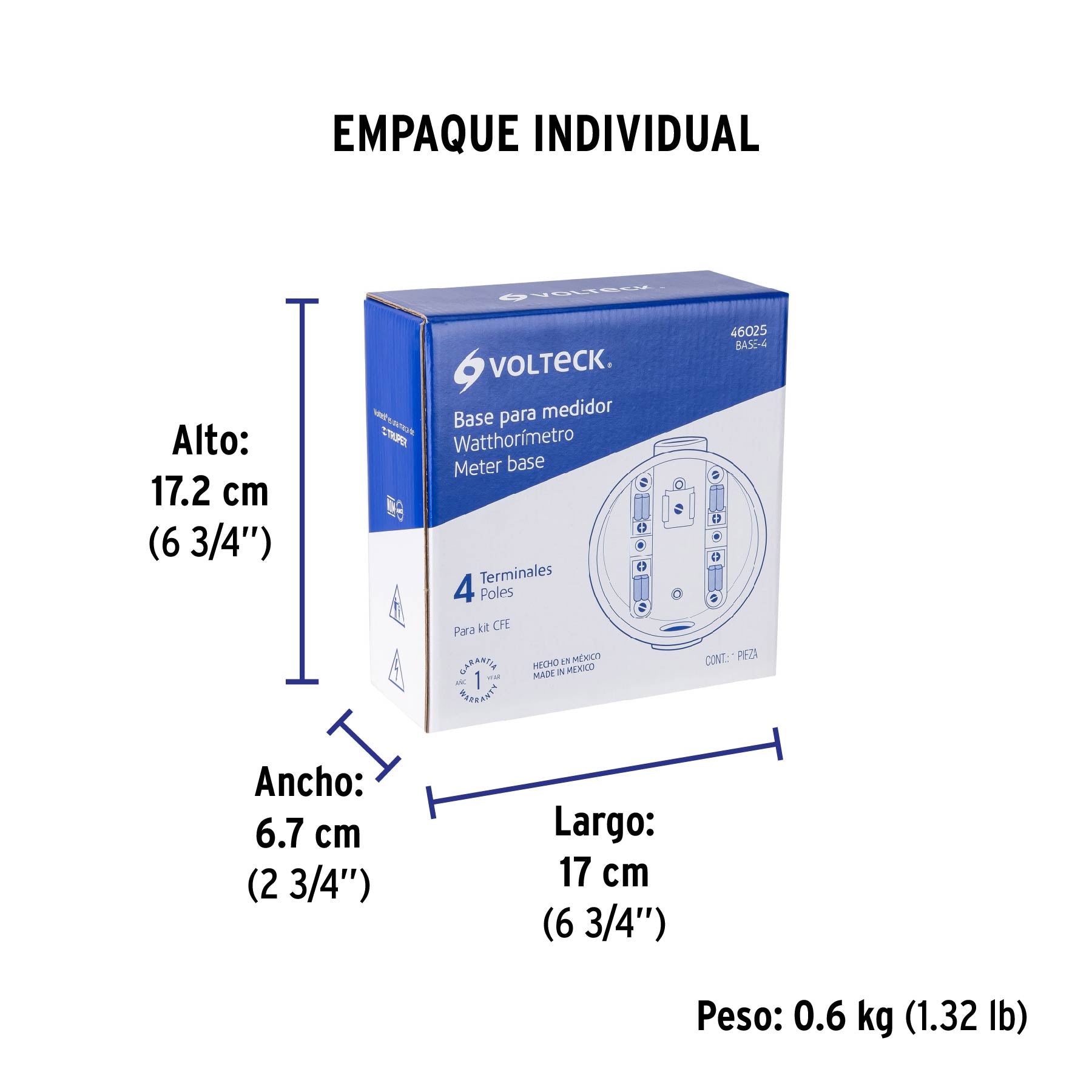 Base para Medidor de Luz 1 Fase 4 Terminales 100A 600V Volteck