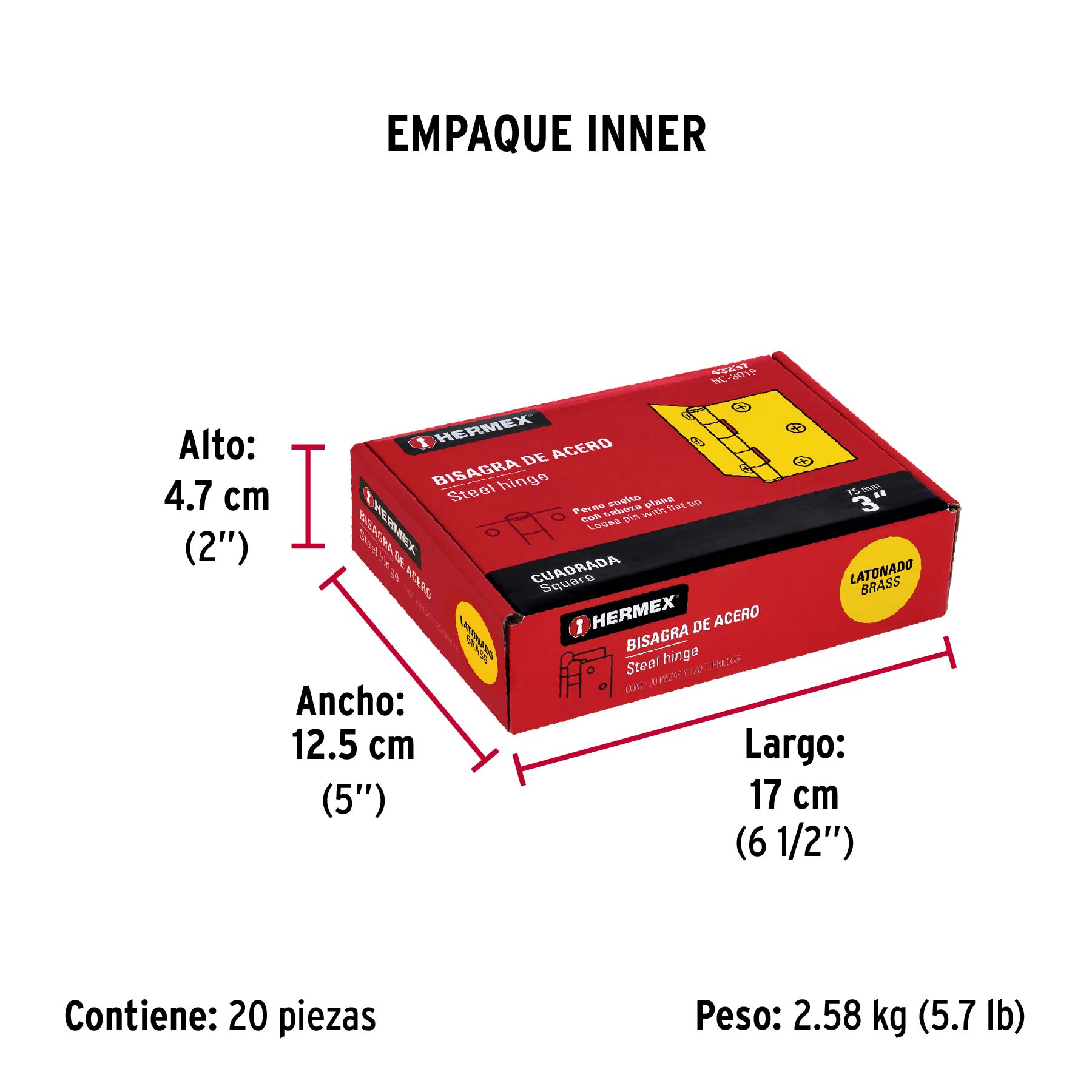 Bisagra Cuadrada Latonada Cabeza Plana Hermex 3"