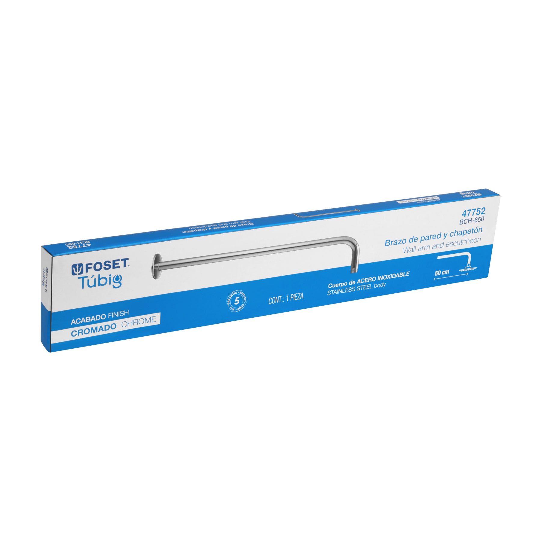 Brazo Recto con Chapeton para Regadera 50 cm FOSET TUBIG Acabado Cromo