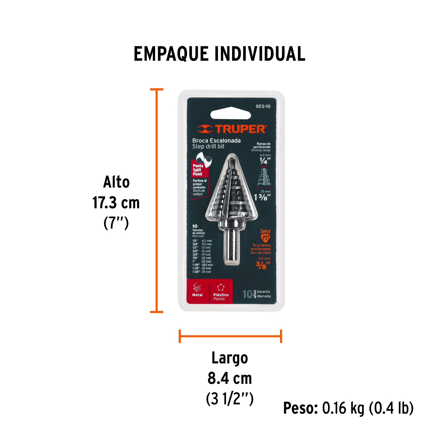 Broca Escalonada Oxido Negro 10 Escalones 1/4 a 1-3/8" Truper