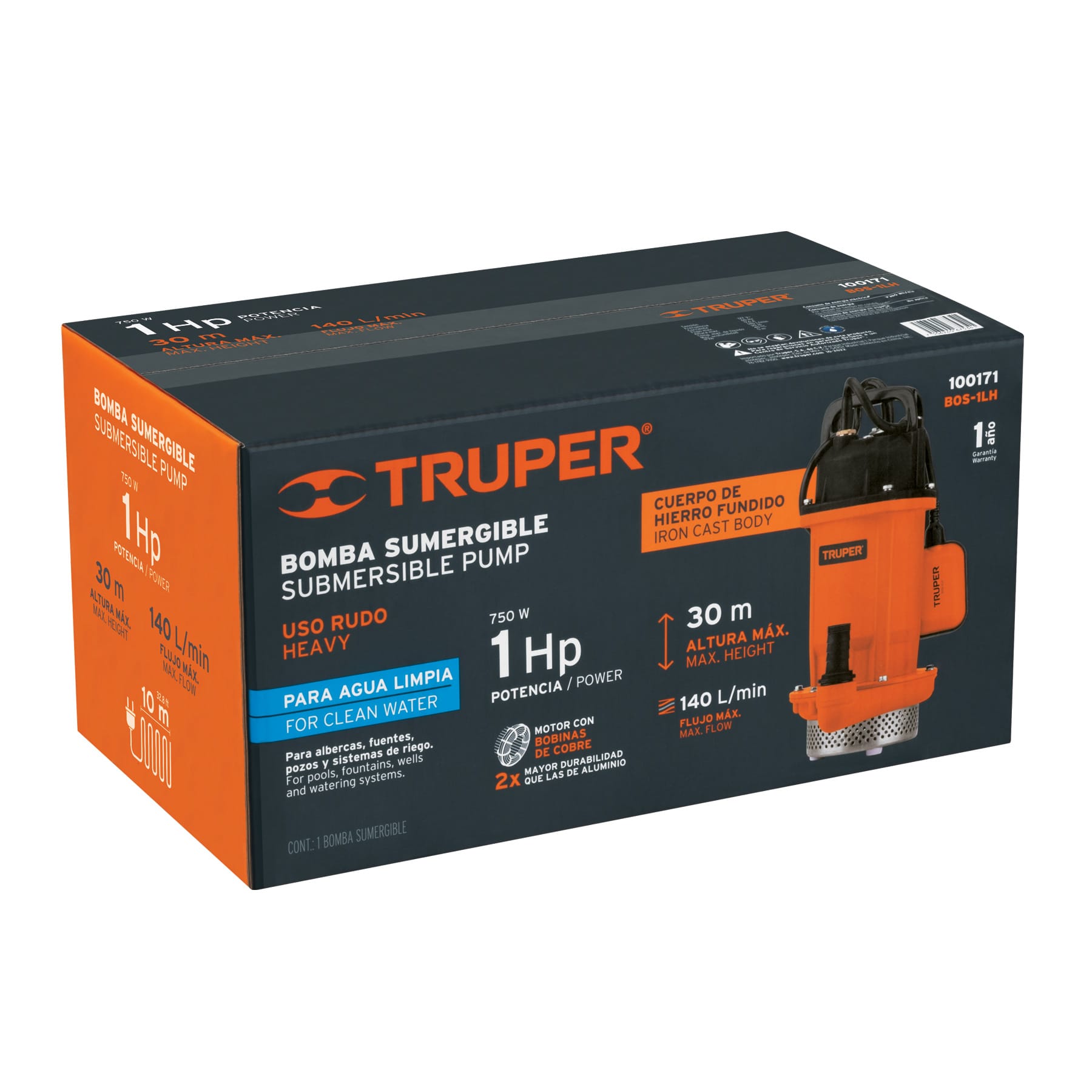 Bomba Sumergible Hierro Fundido Agua Limpia 1 HP TRUPER