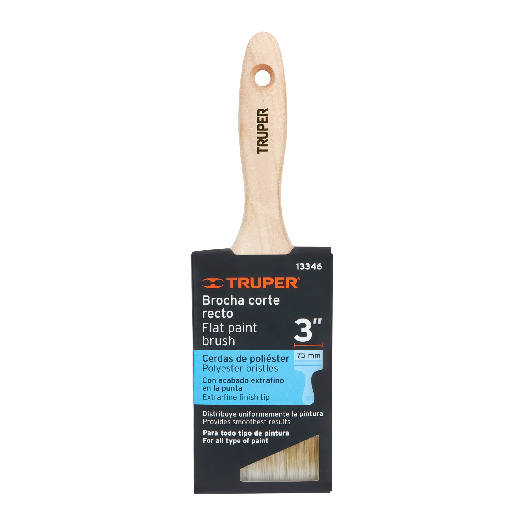 Brocha Cerdas Sinteticas Mango de Madera Corte Recto Truper 75 mm (3")