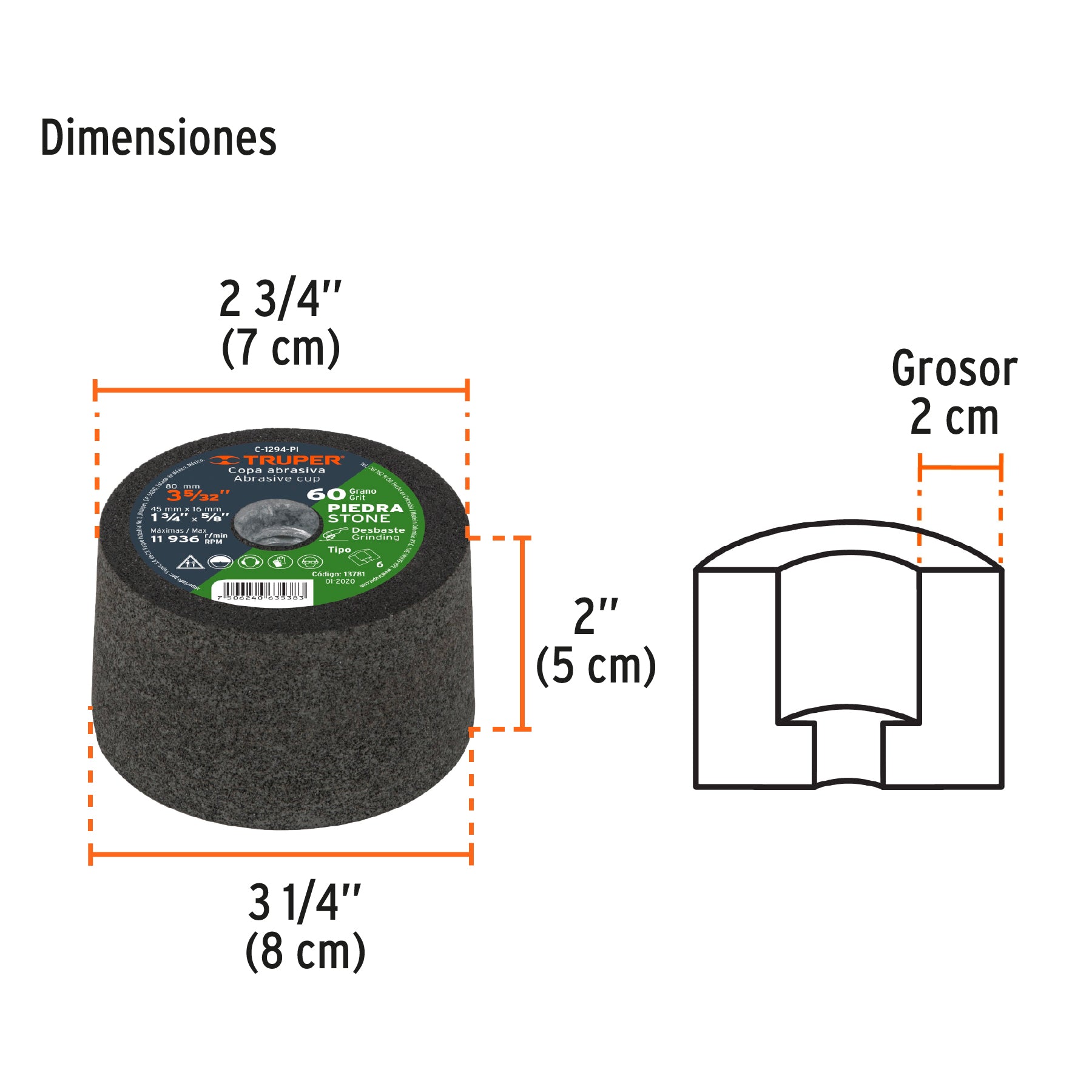 Copa Desbaste de Piedra 3"5/32 Eje 5/8-11 Truper Grano 60