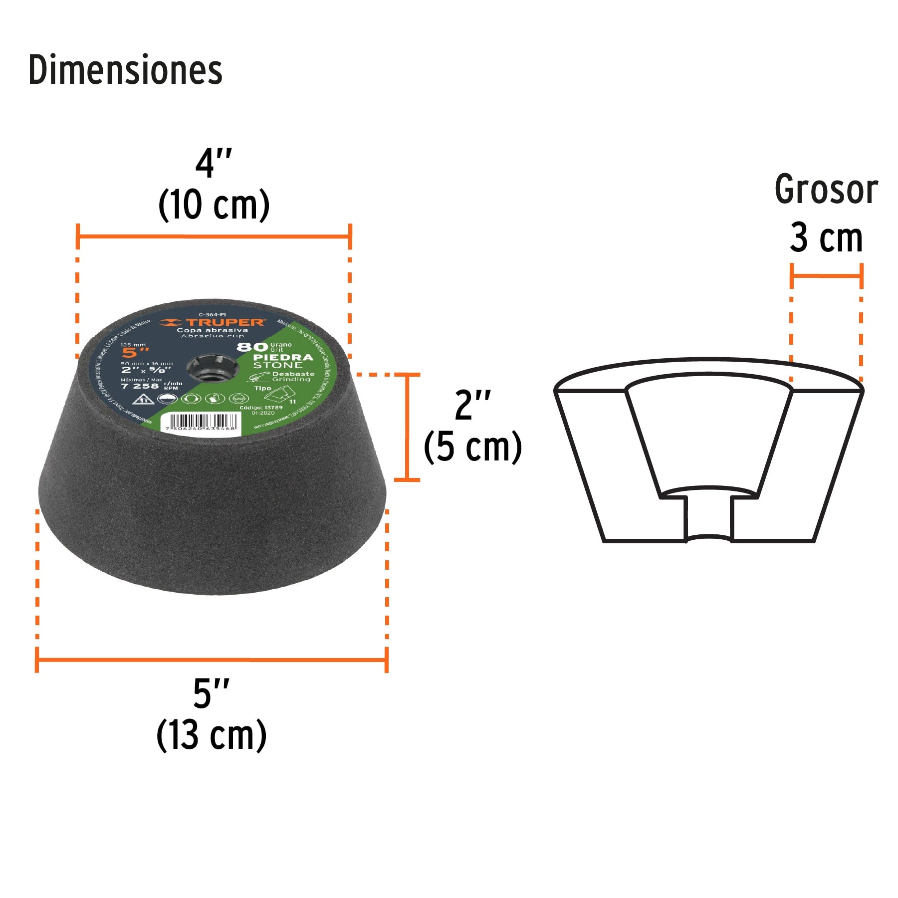 Copa Desbaste de Piedra 5" Eje 5/8-11 Truper Grano 80