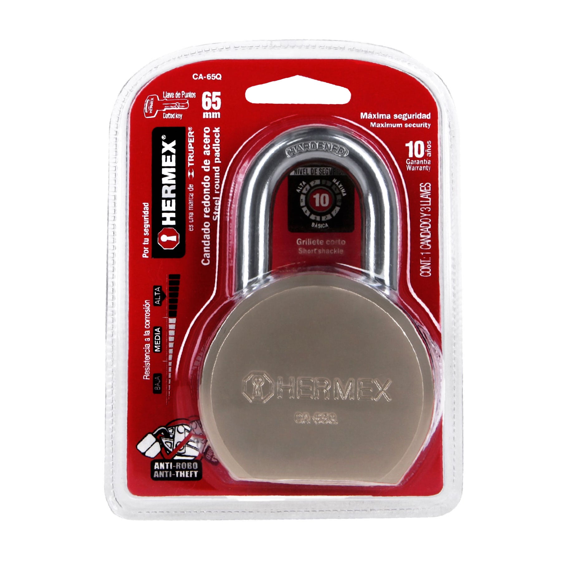 Candado Redondo 65 mm Maxima Seguridad Llave de Puntos Hermex Gancho Corto