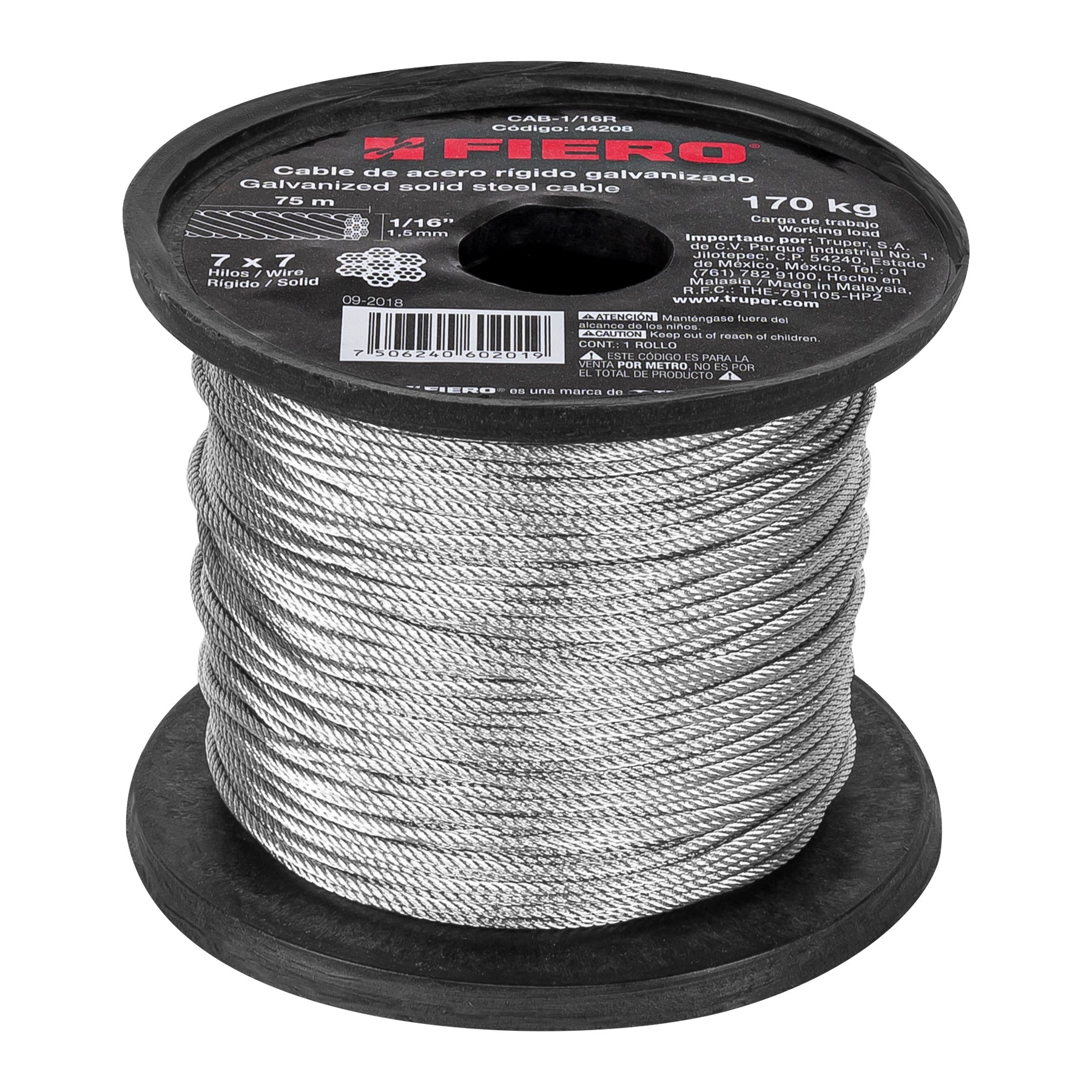 Cable de Acero 7x7 Hilos Fiero 1/16" Carrete 75 Metros