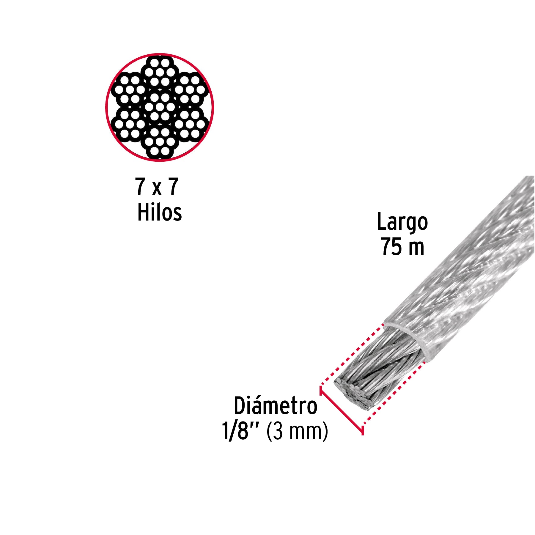 Cable de Acero Recubierto PVC 7x7 Fiero 1/8" Carrete 75 Metros