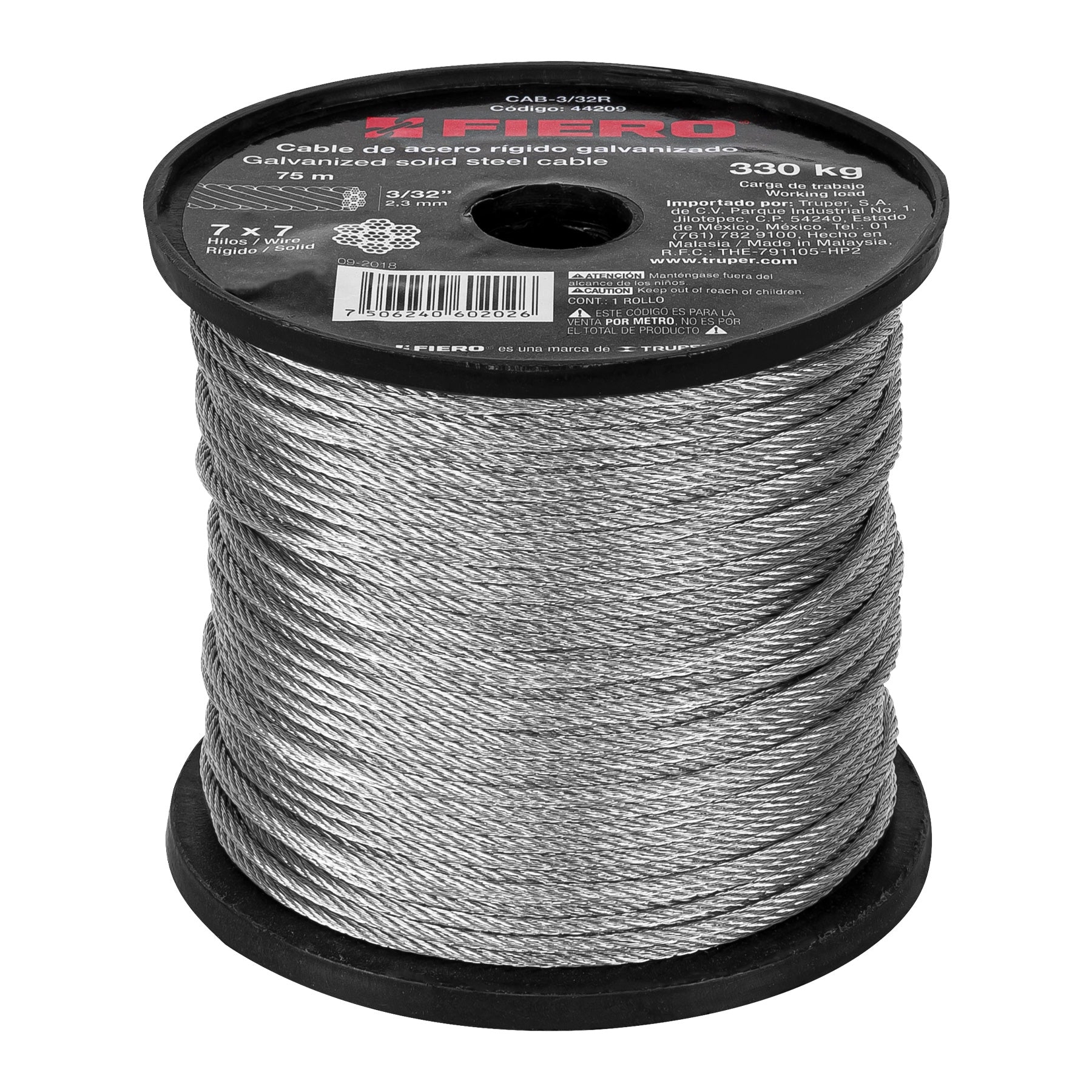 Cable de Acero 7x7 Hilos Fiero 3/32" Carrete 75 Metros
