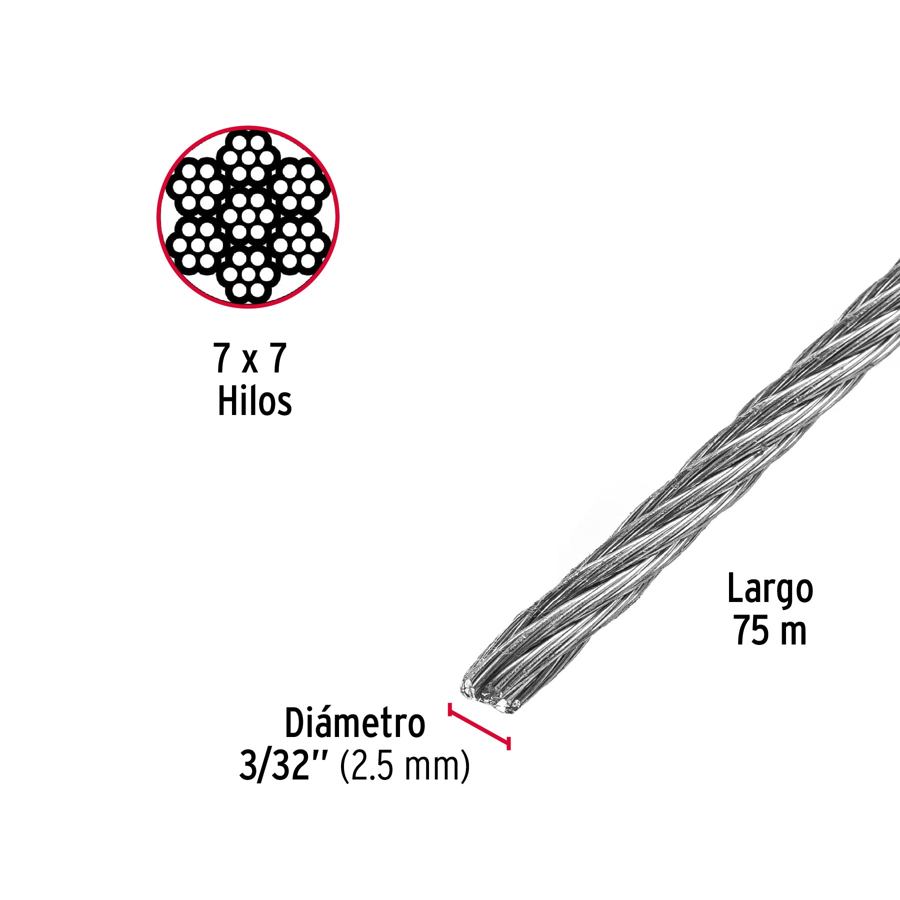 Cable de Acero 7x7 Hilos Fiero 3/32" Carrete 75 Metros