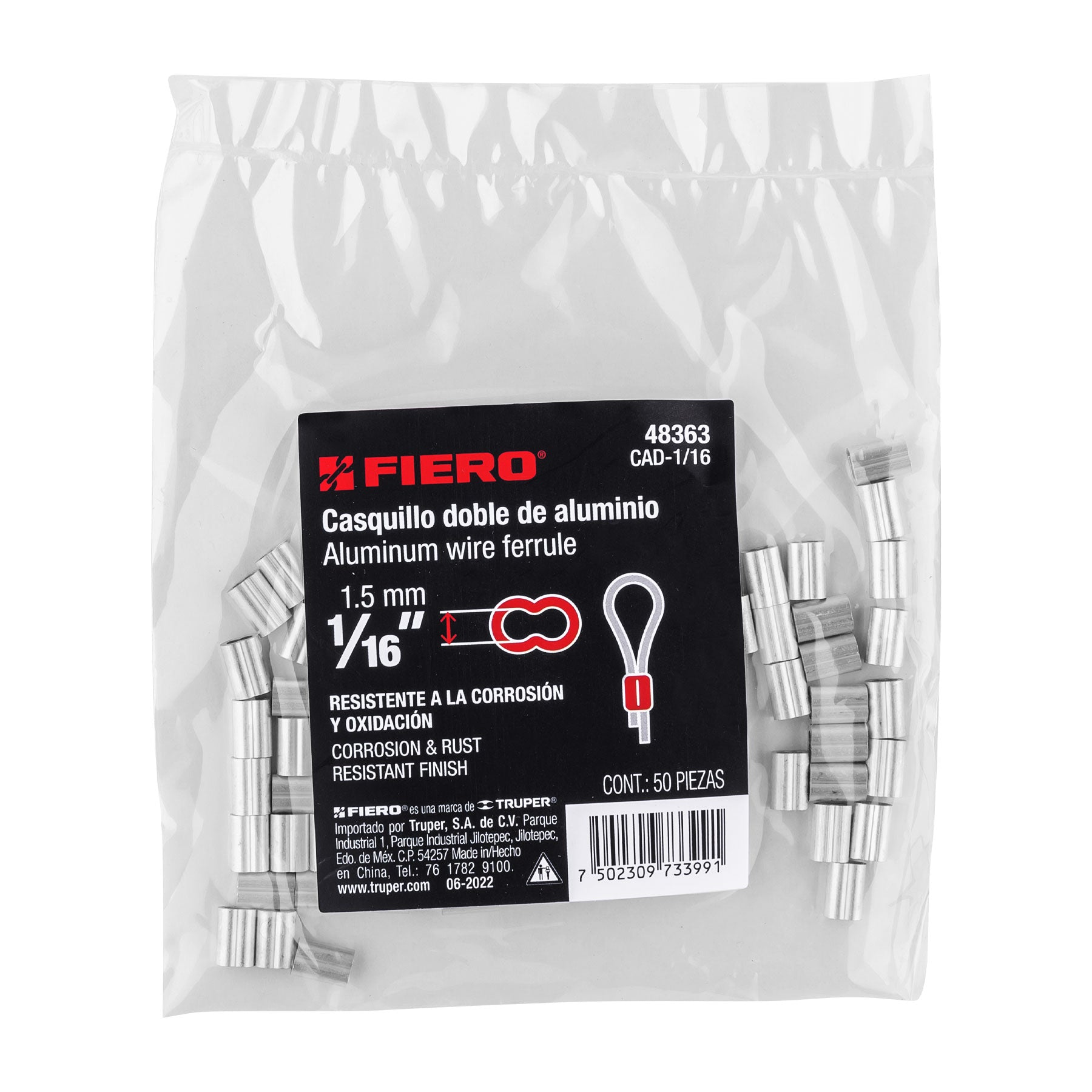 Casquillos Dobles de Aluminio para Cable de Acero Fiero 1/16" (1.5 mm) Bolsa 50 Piezas
