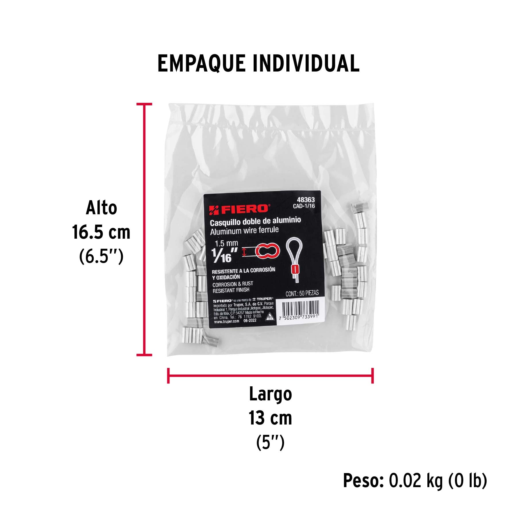 Casquillos Dobles de Aluminio para Cable de Acero Fiero 1/16" (1.5 mm) Bolsa 50 Piezas