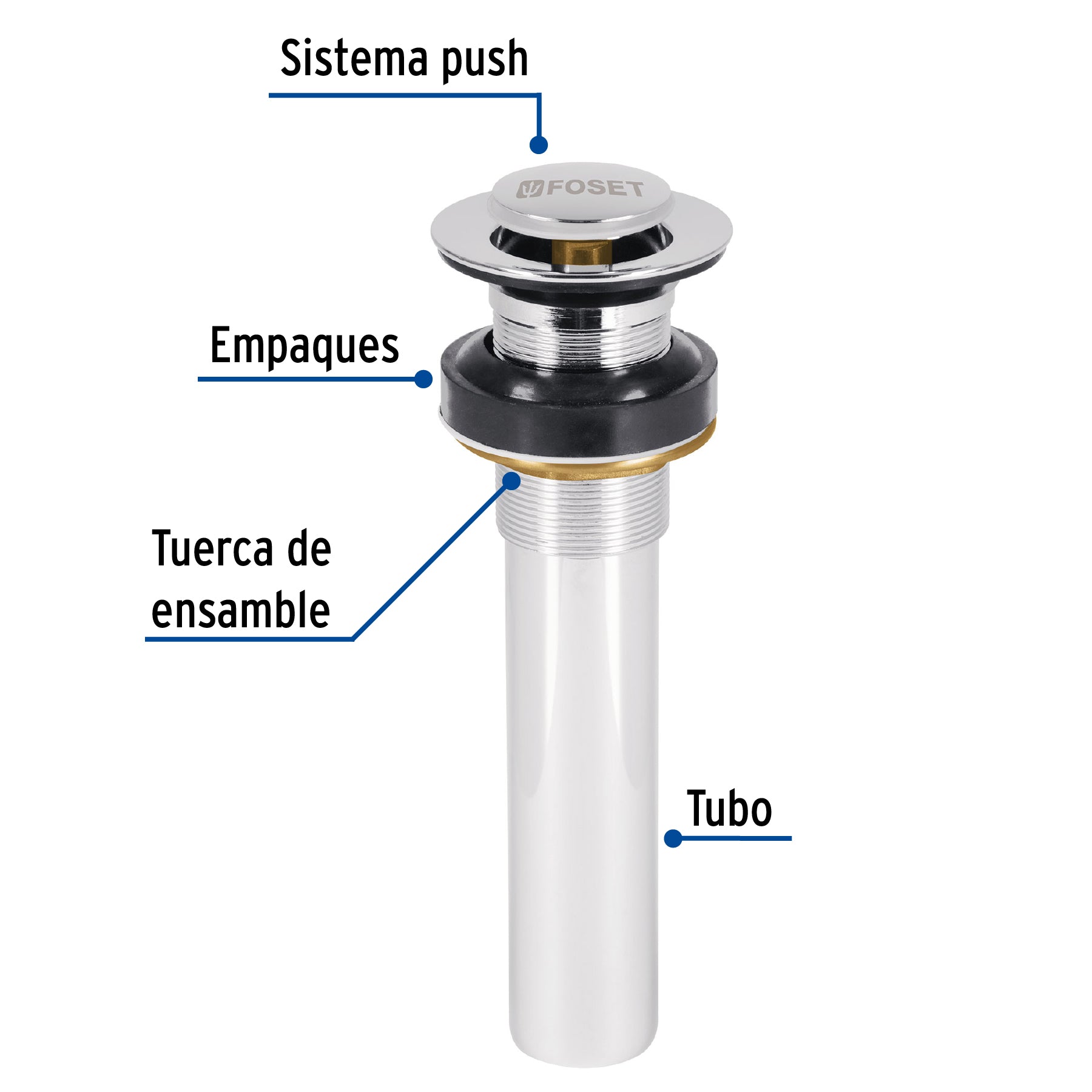 Contra para Lavabo Sistema Push Acabado Cromo Sin Rebosadero Foset
