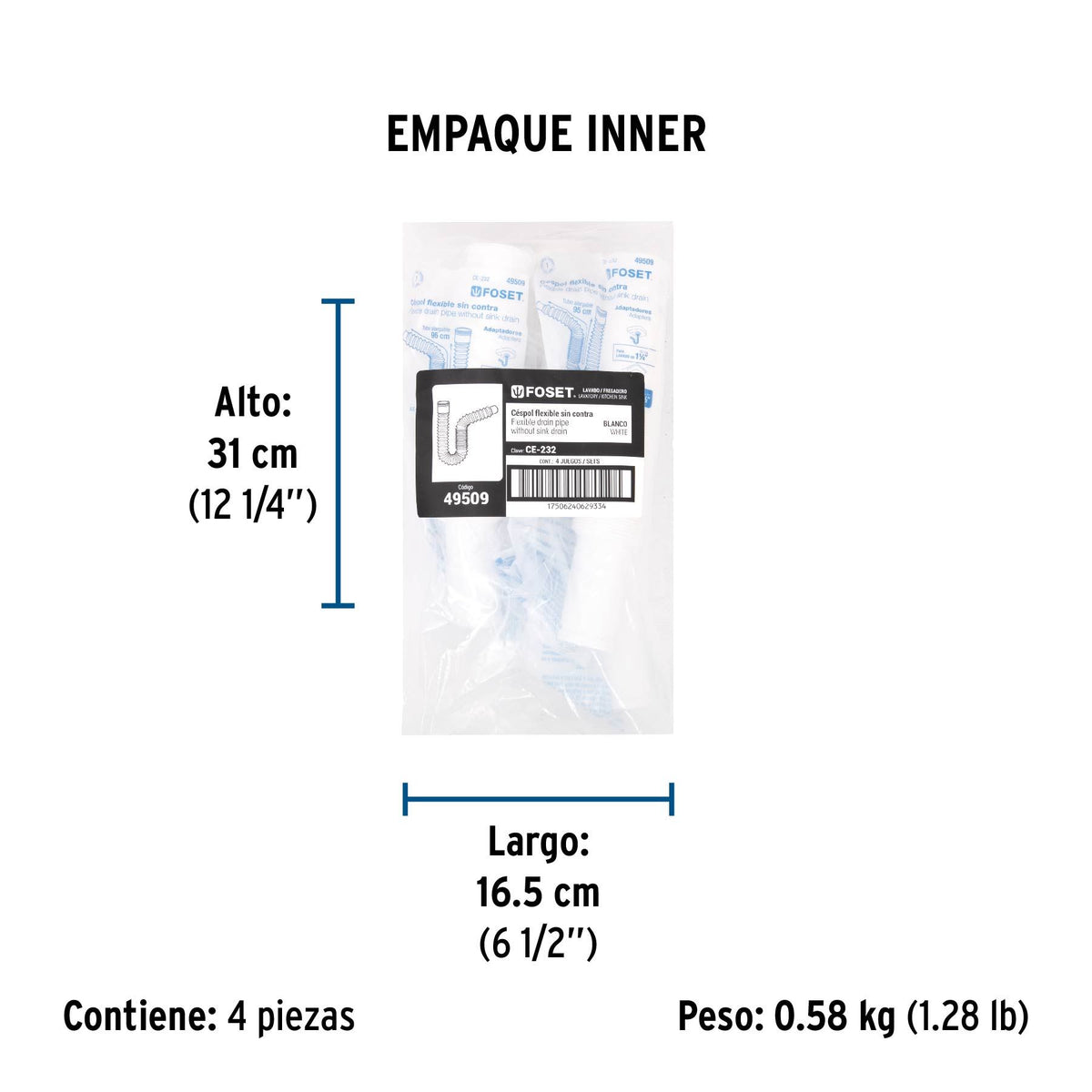 Cespol Flexible Tipo "P" para Lavabo o Fregadero Extra Largo Blanco Foset