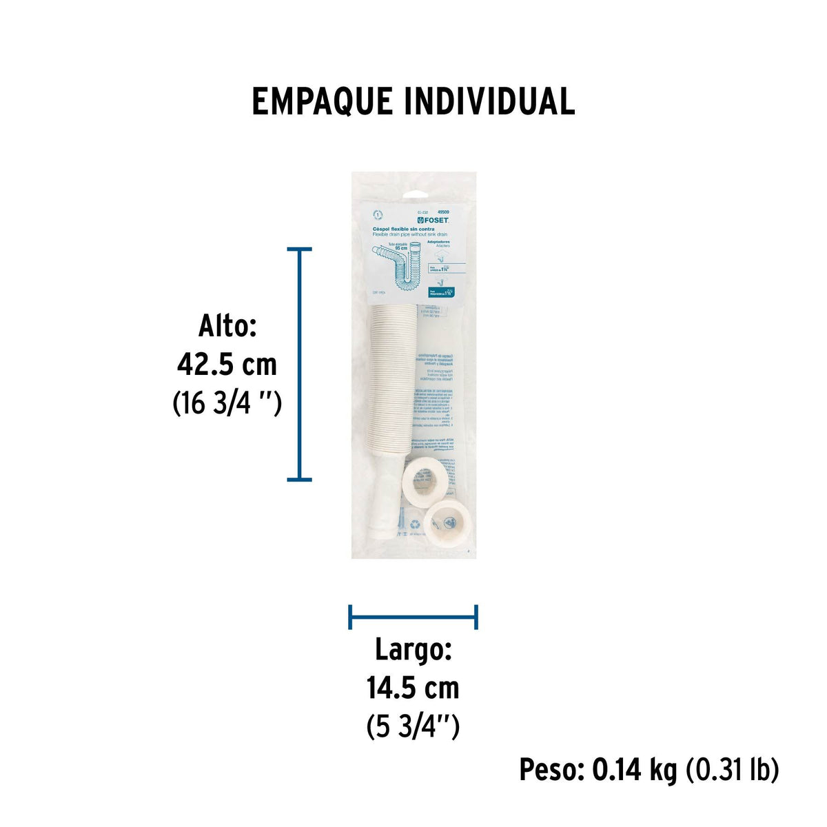 Cespol Flexible Tipo "P" para Lavabo o Fregadero Extra Largo Blanco Foset