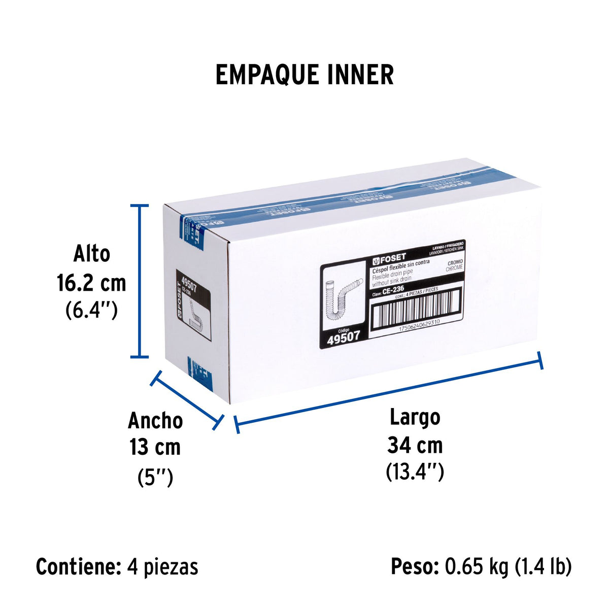Cespol Flexible Tipo "P" para Lavabo o Fregadero Extra Largo Cromo Foset