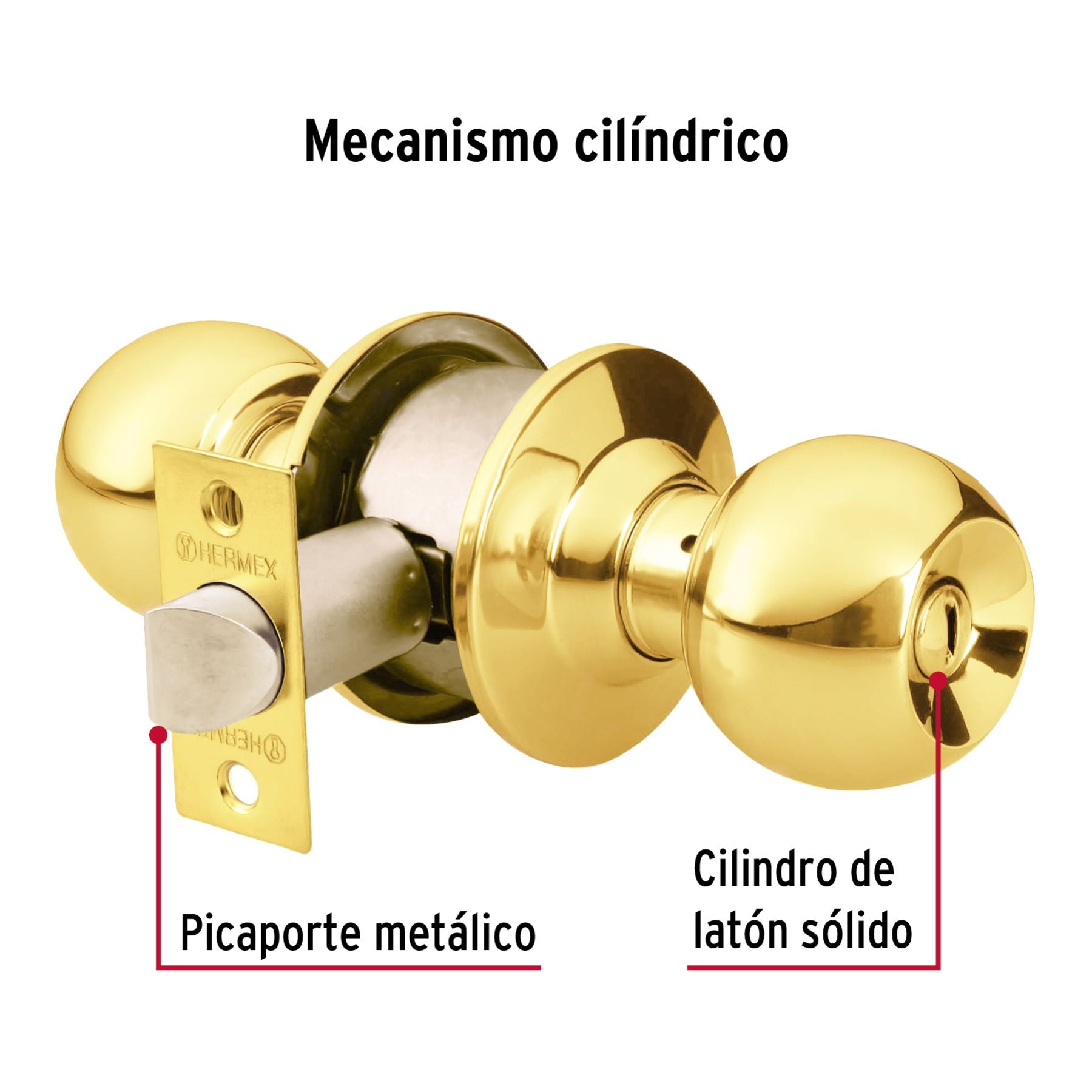 Cerradura Tipo Esfera Cilindrico HERMEX Laton Brillante Baño