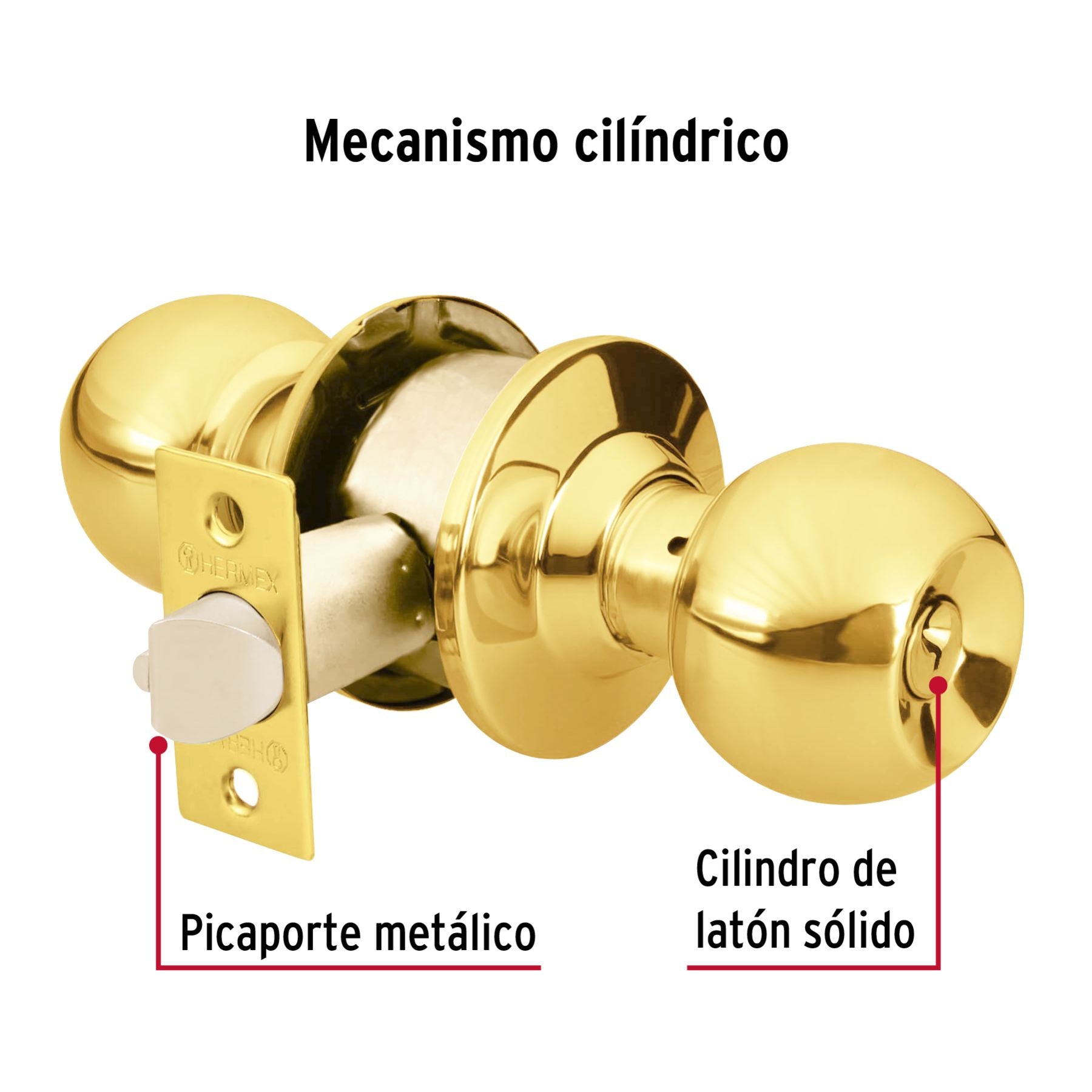 Cerradura Tipo Esfera Cilindrico HERMEX Laton Brillante Entrada