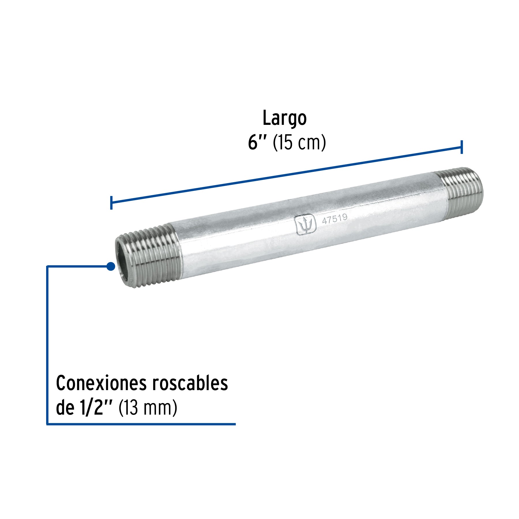 Niple Galvanizado 1/2" x 6" (13 mm x 15 cms) Galvaflow