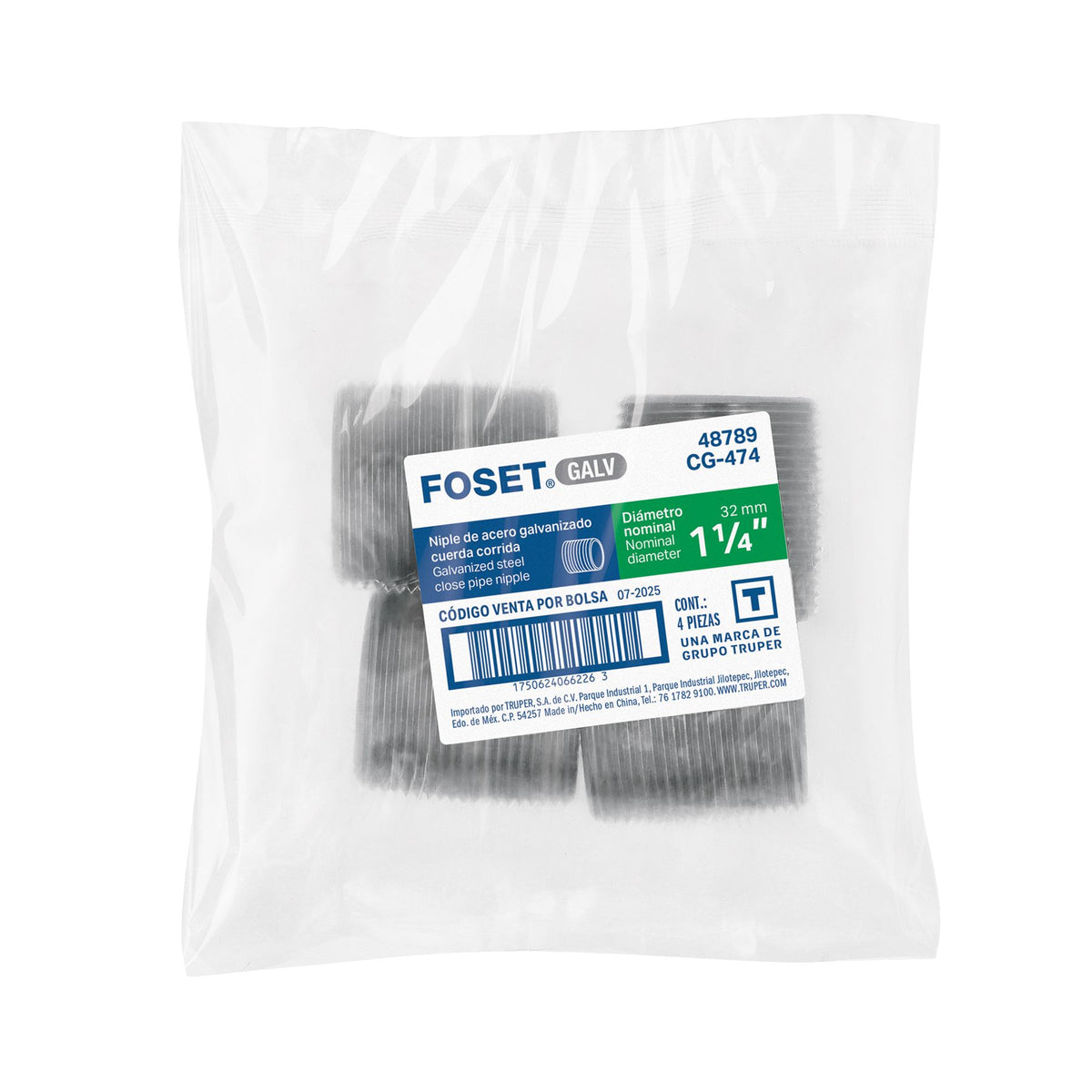 Niple Galvanizado 1"1/4 x Cuerda Corrida FOSET