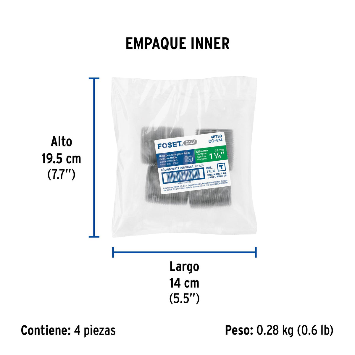Niple Galvanizado 1"1/4 x Cuerda Corrida FOSET