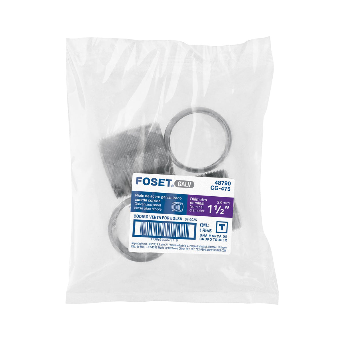Niple Galvanizado 1"1/2 x Cuerda Corrida FOSET