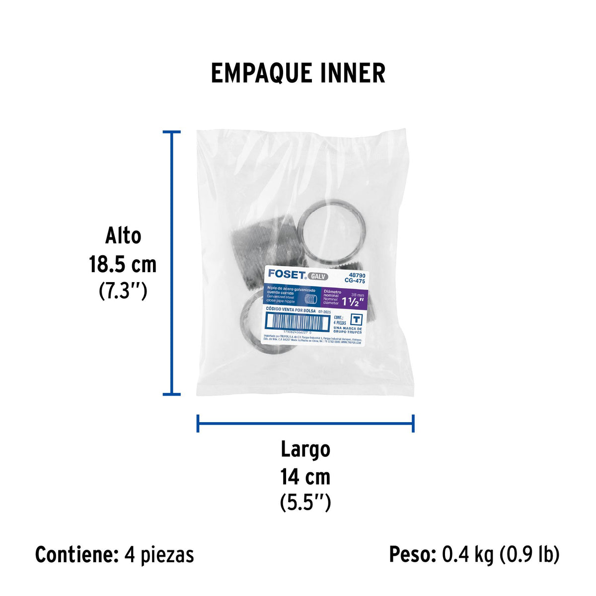 Niple Galvanizado 1"1/2 x Cuerda Corrida FOSET