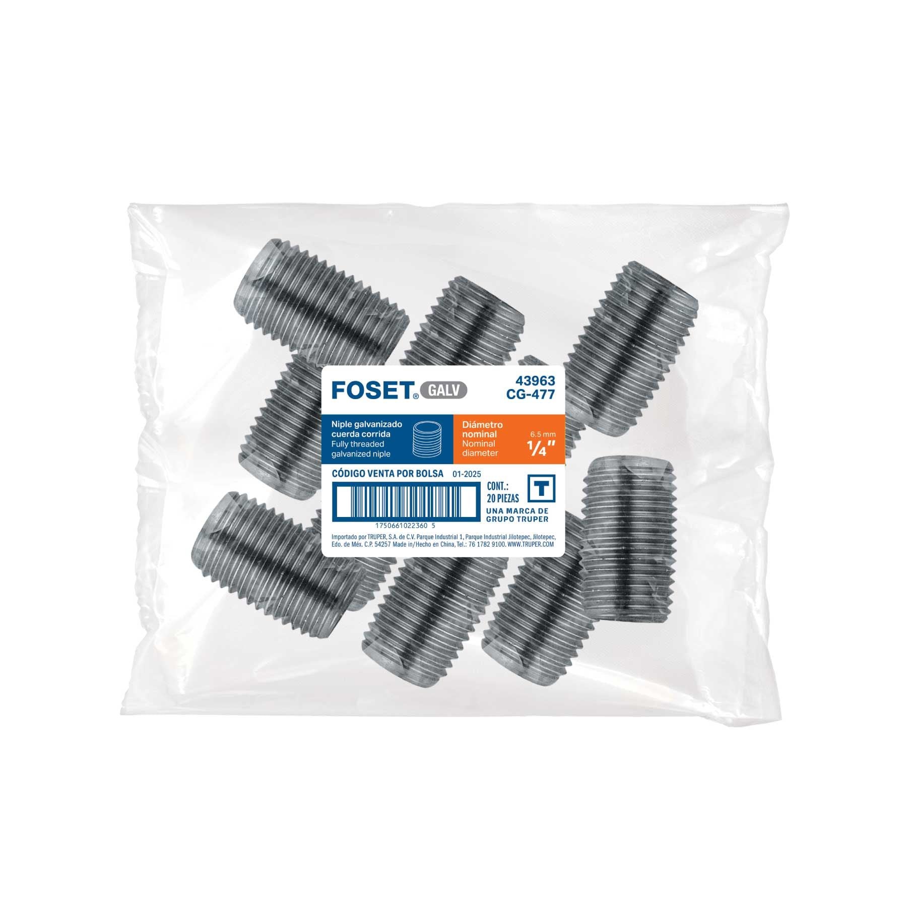 Niple Galvanizado 1/4" x Cuerda Corrida Foset