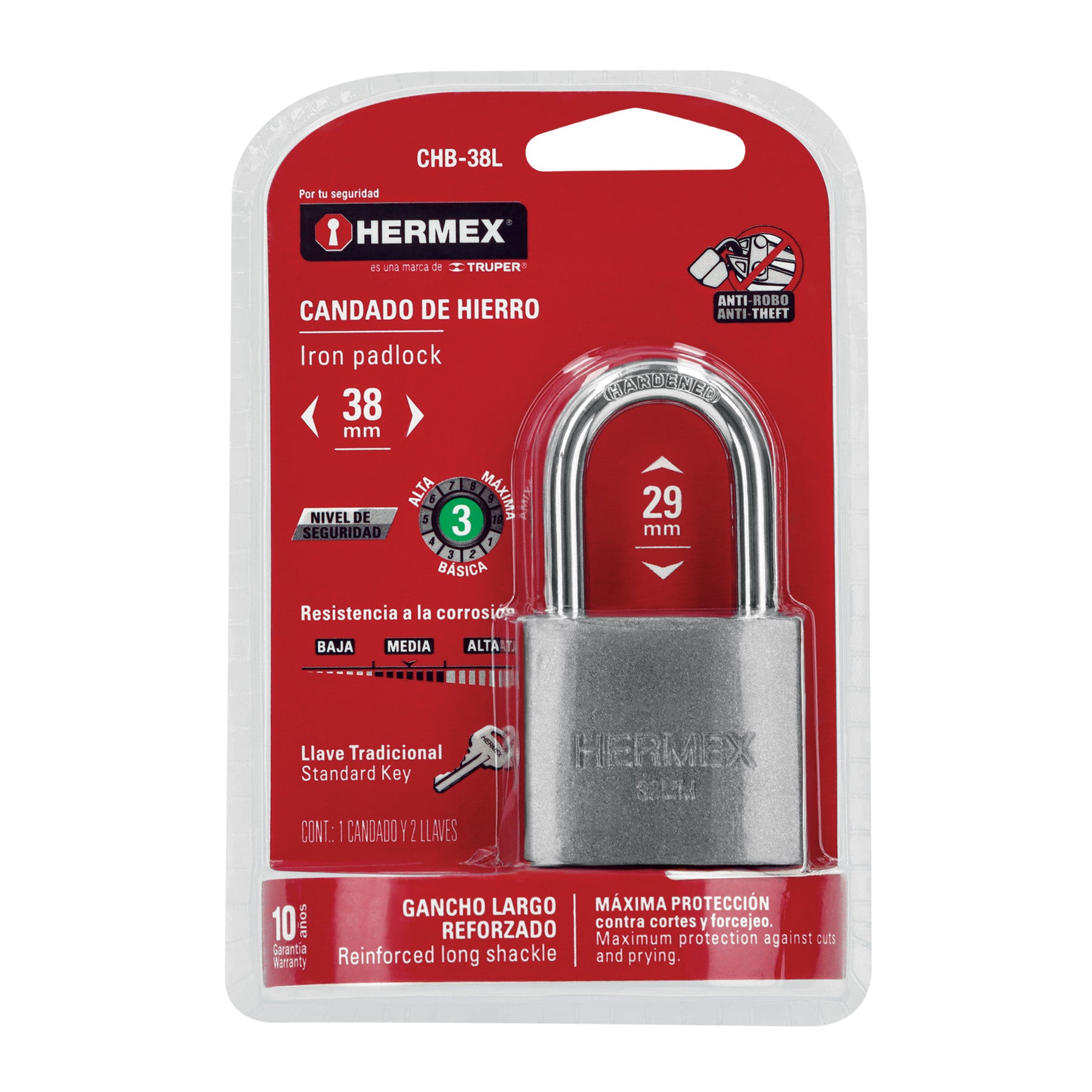Candado de Hierro 38 mm Gancho Largo Blister Hermex