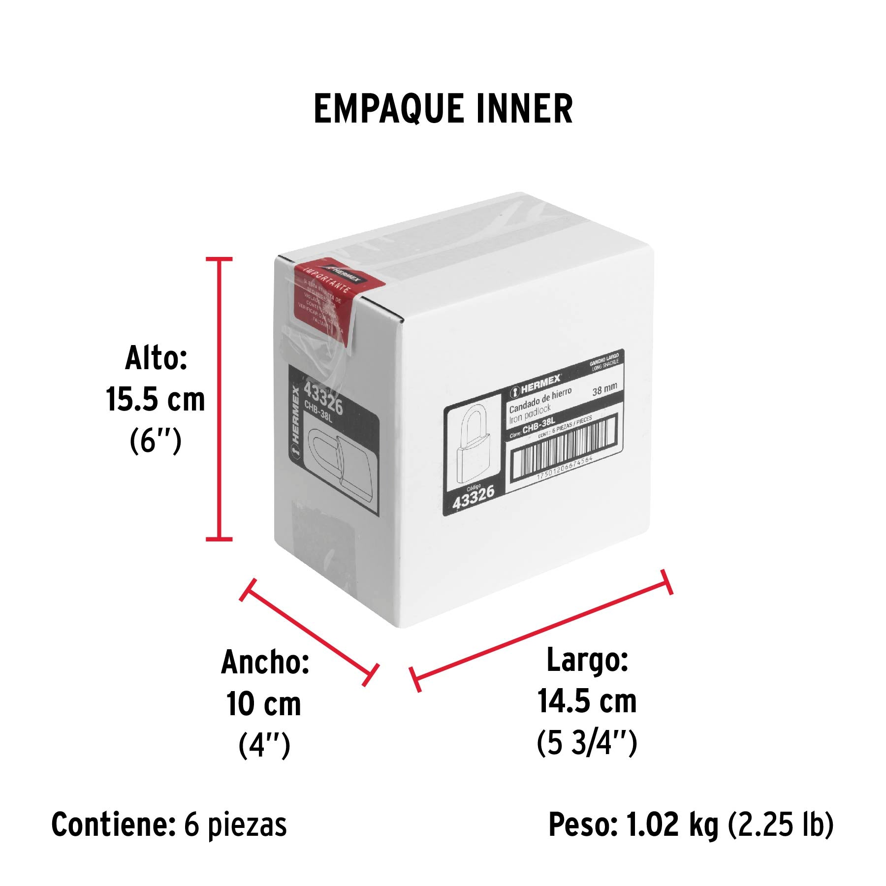 Candado de Hierro 38 mm Gancho Largo Blister Hermex
